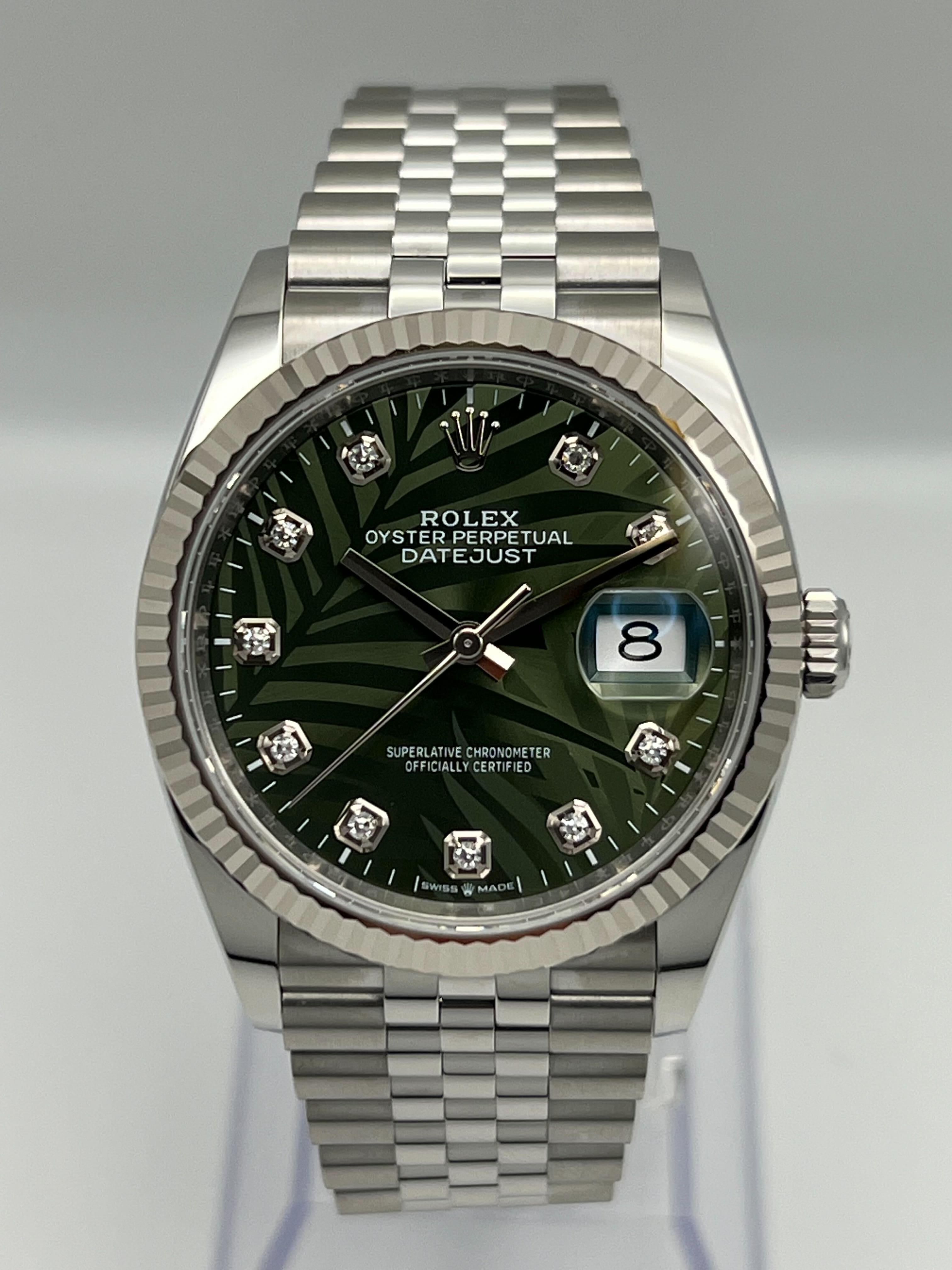 Rolex Datejust 126234 White Gold Stainless Steel Palm Motif Diamond Dial Jubilee