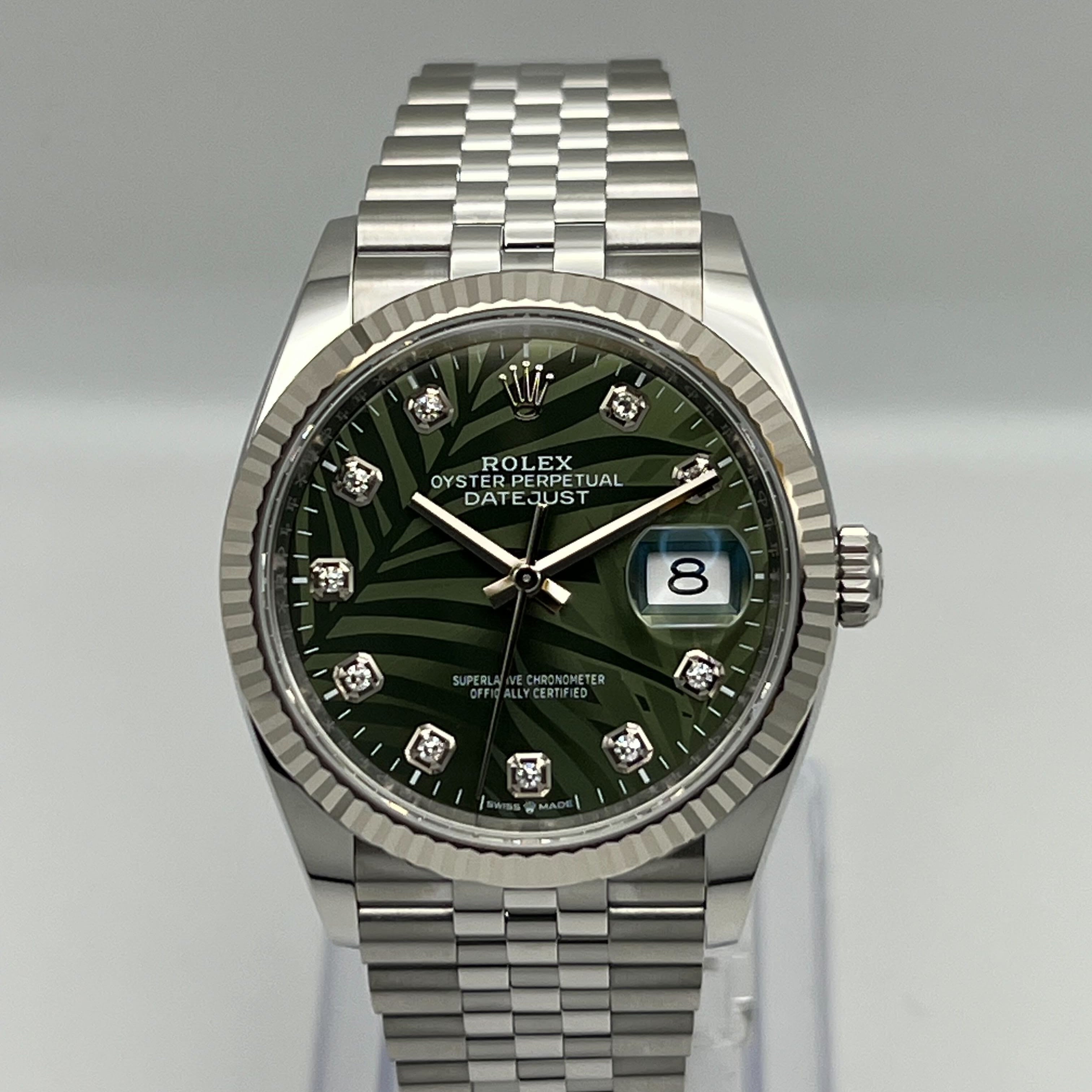 Rolex Datejust 126234 White Gold Stainless Steel Palm Motif Diamond Dial Jubilee