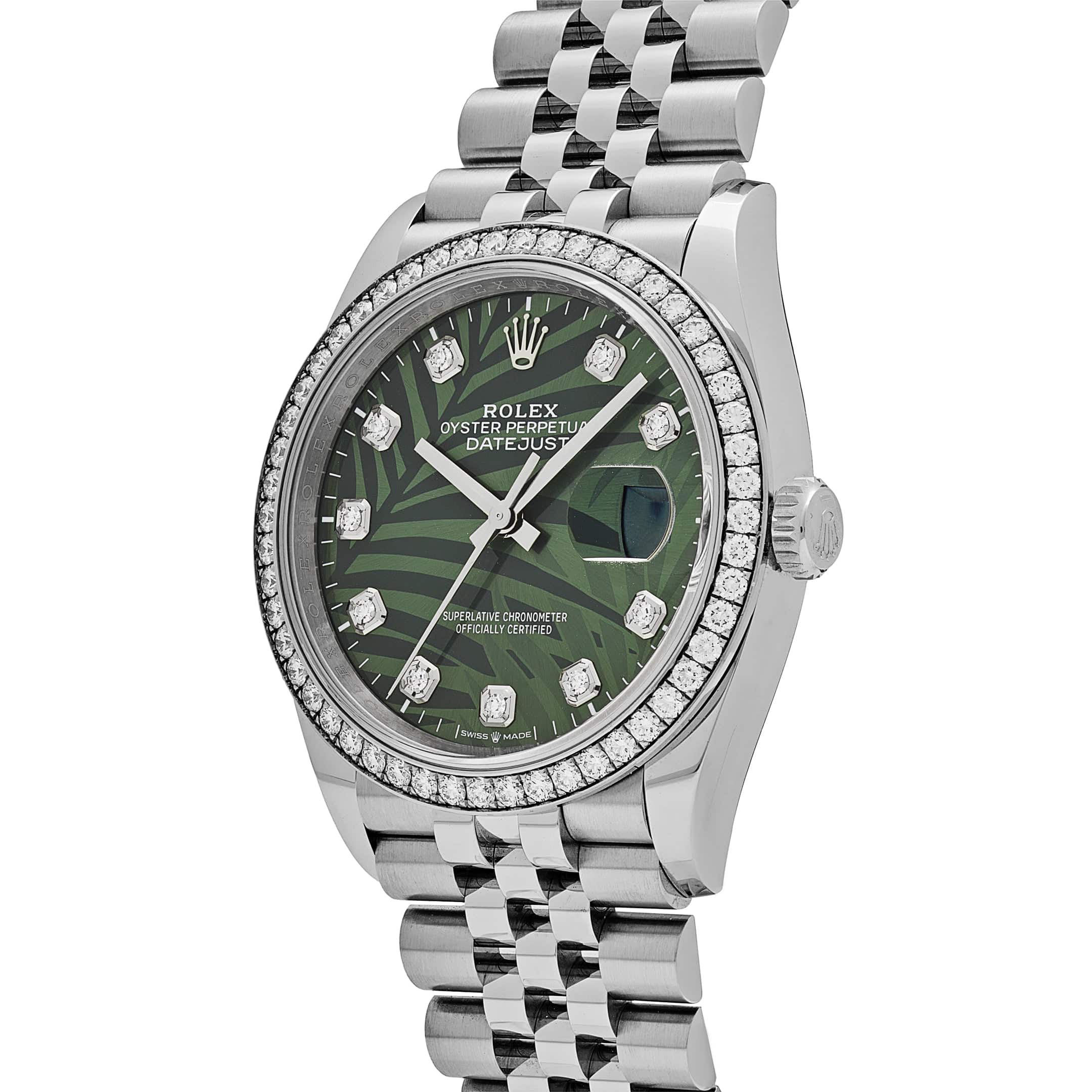 Rolex Datejust 126284RBR Stainless Steel Green Palm Frond Diamond Dial Diamond Bezel