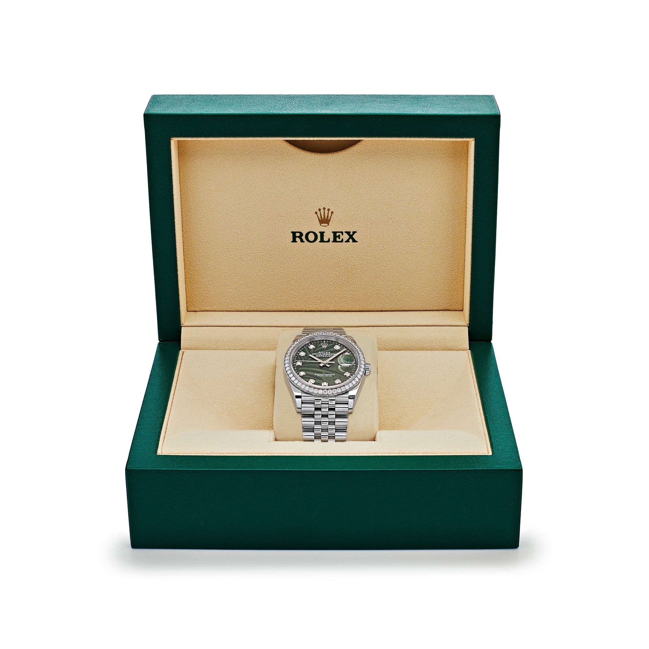 Rolex Datejust 126284RBR Stainless Steel Green Palm Frond Diamond Dial Diamond Bezel