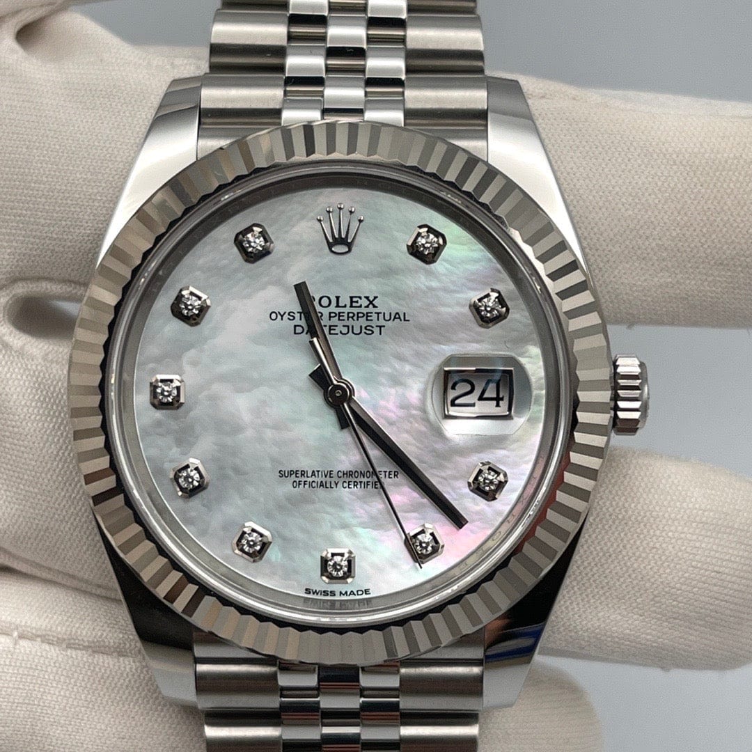 Luxury Watch Rolex Datejust 41 White Gold & Steel MOP Diamond Dial Jubilee 126334 Wrist Aficionado