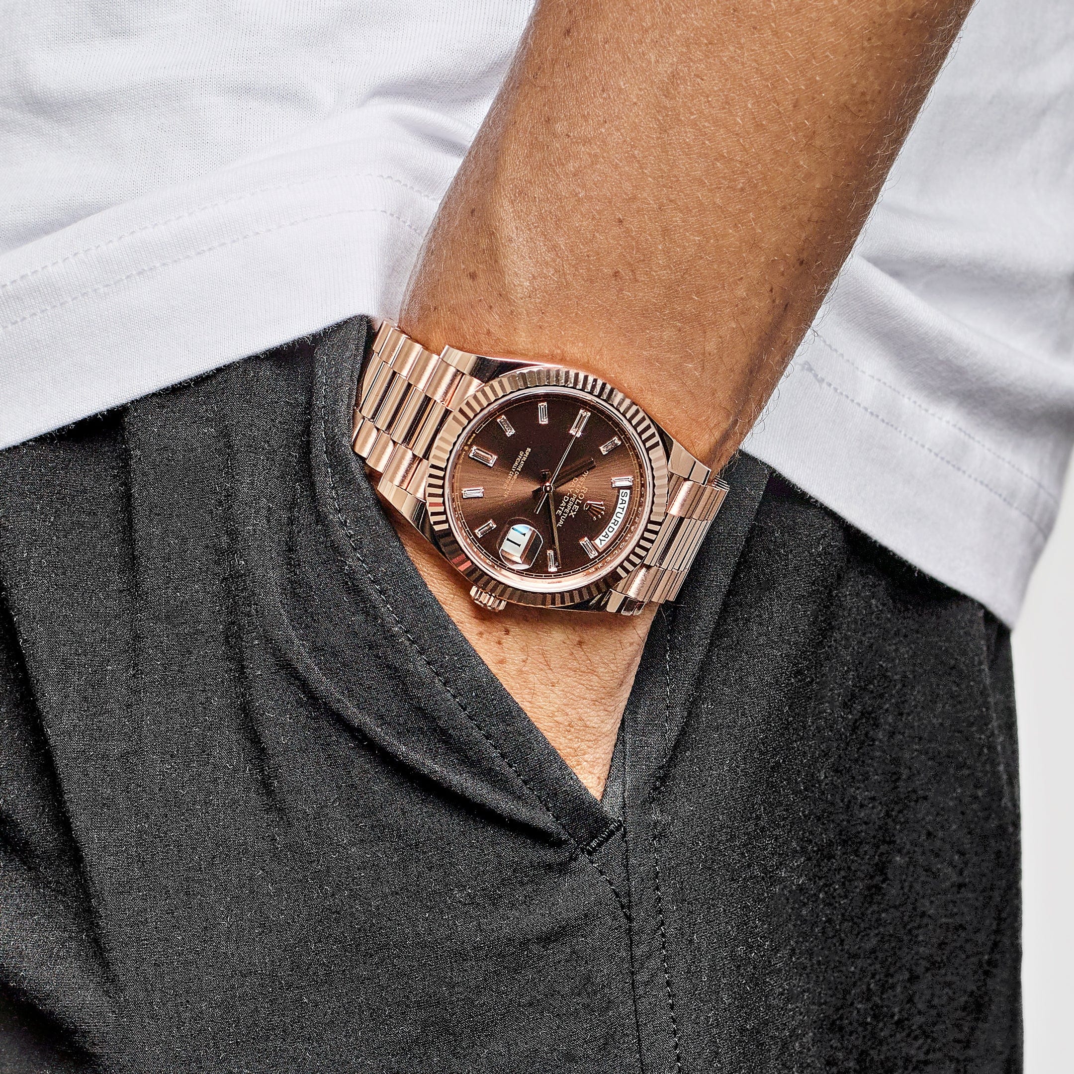 Rolex Day-Date 228235 Rose Gold Chocolate Baguette Diamond Dial (2023)