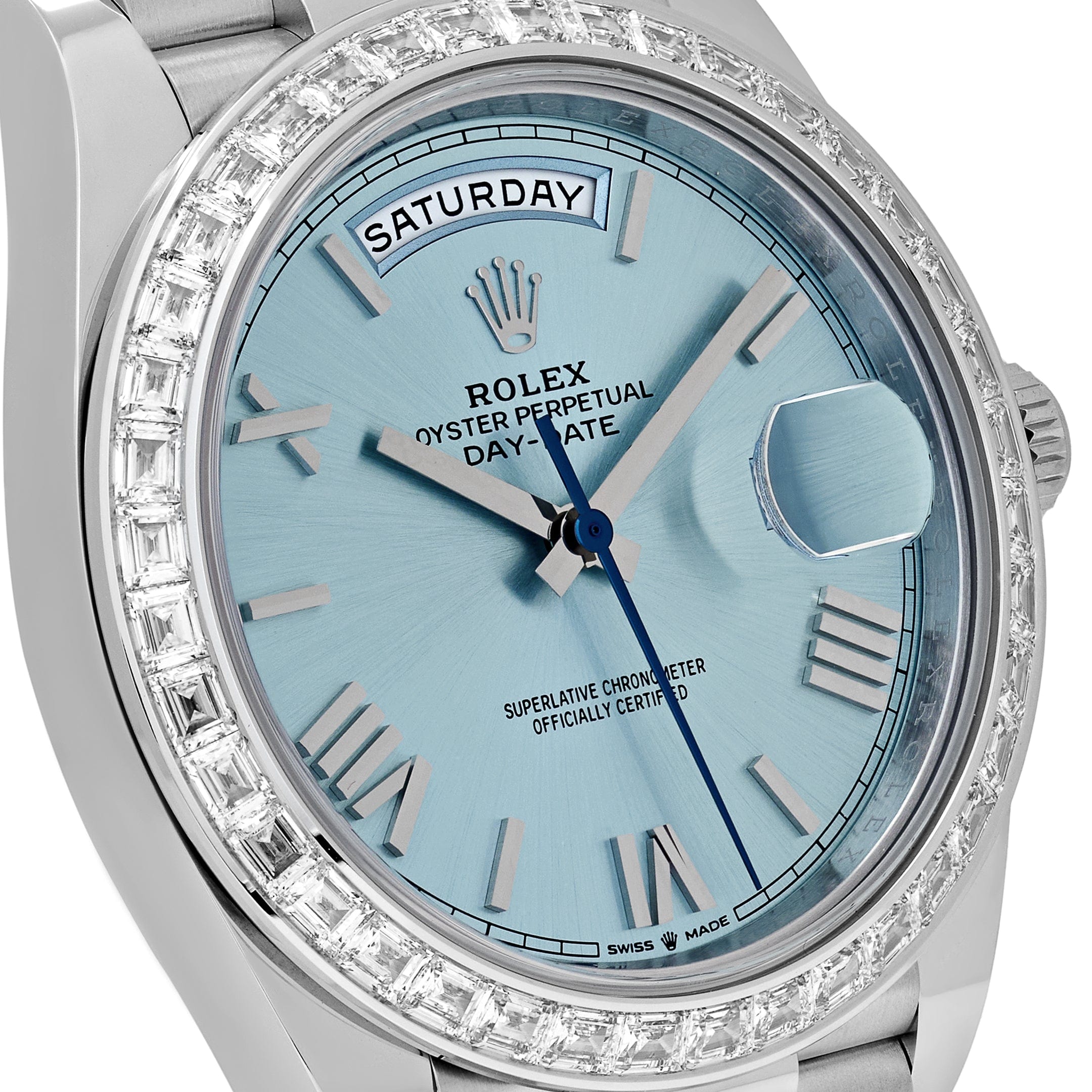 Rolex Day-Date 228396TBR Platinum Ice Blue Roman Dial Diamond Bezel (2025)
