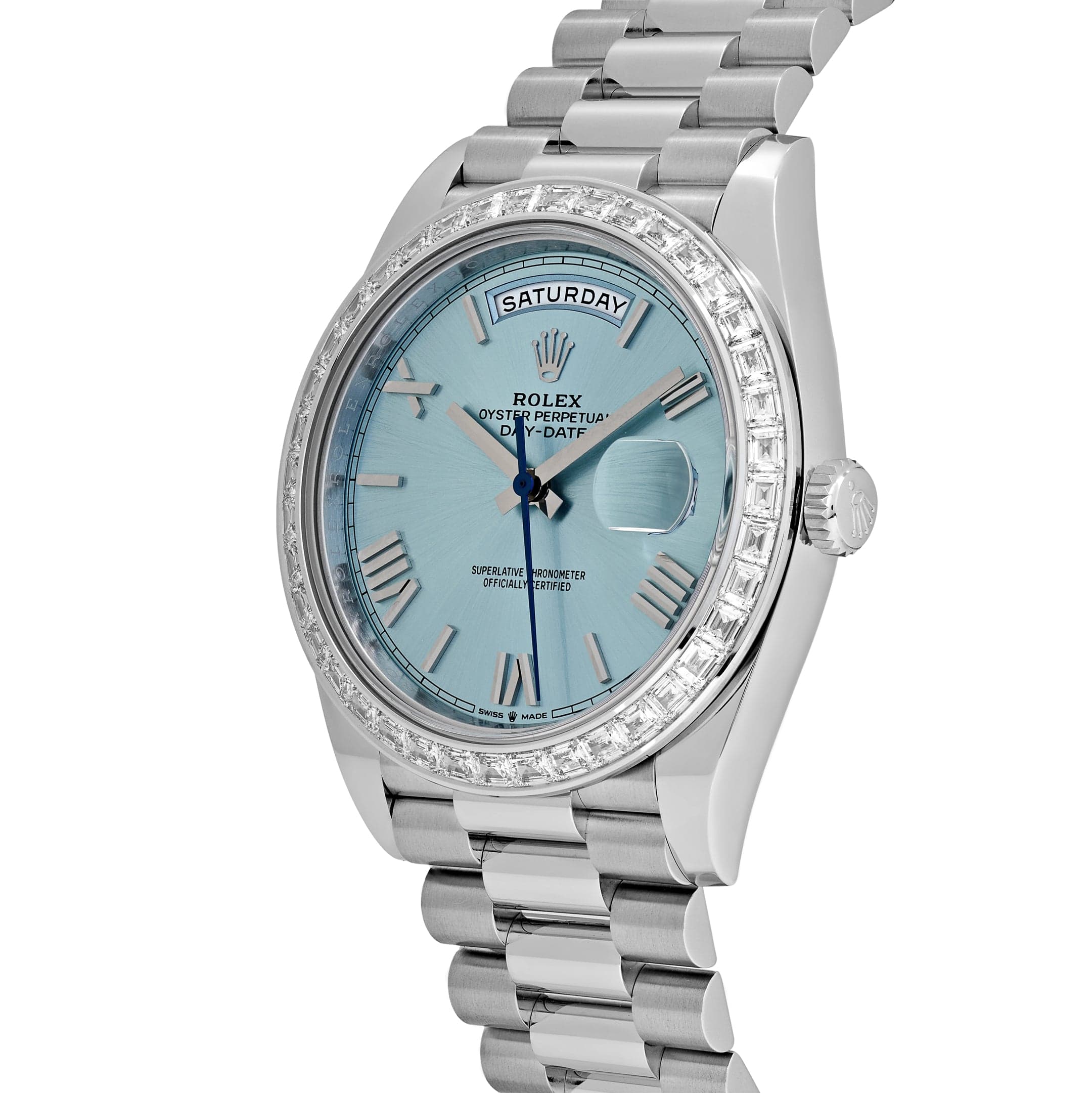 Rolex Day-Date 228396TBR Platinum Ice Blue Roman Dial Diamond Bezel (2025)