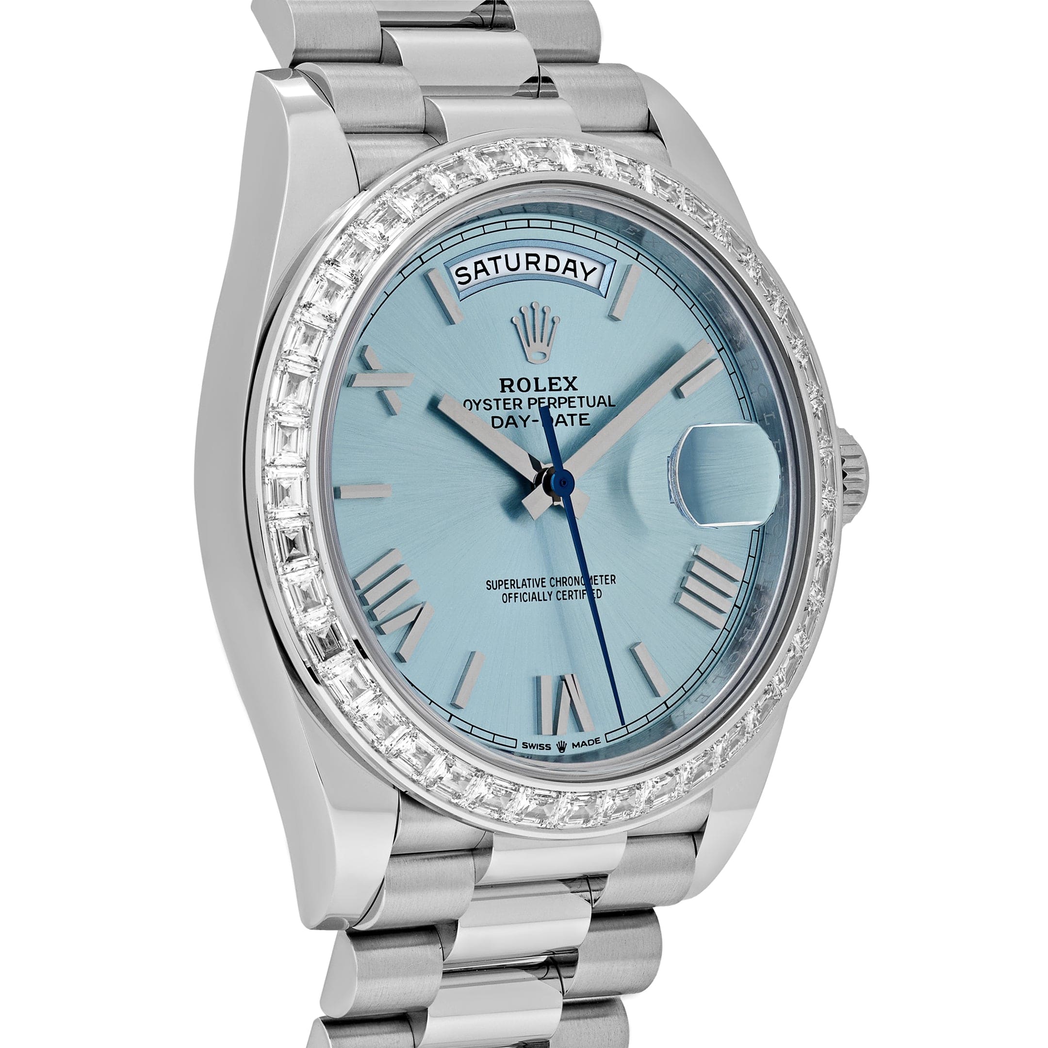 Rolex Day-Date 228396TBR Platinum Ice Blue Roman Dial Diamond Bezel (2025)