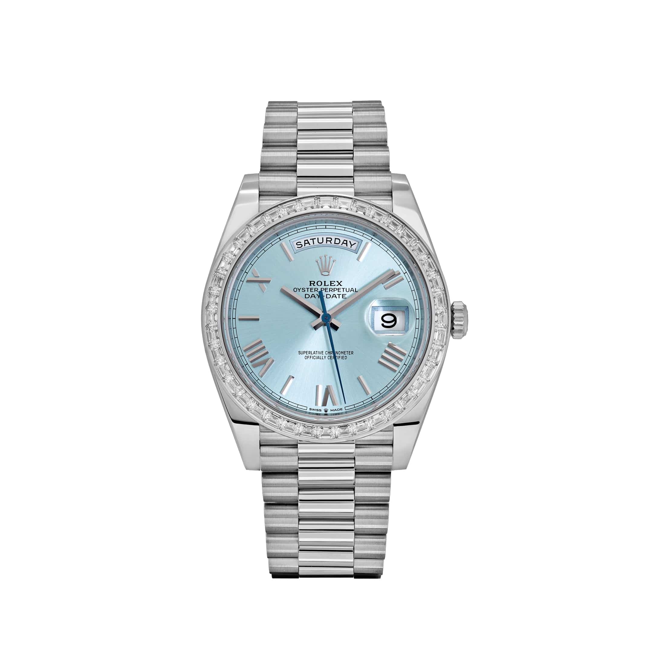 Rolex Day-Date 228396TBR Platinum Ice Blue Roman Dial Diamond Bezel (2025)