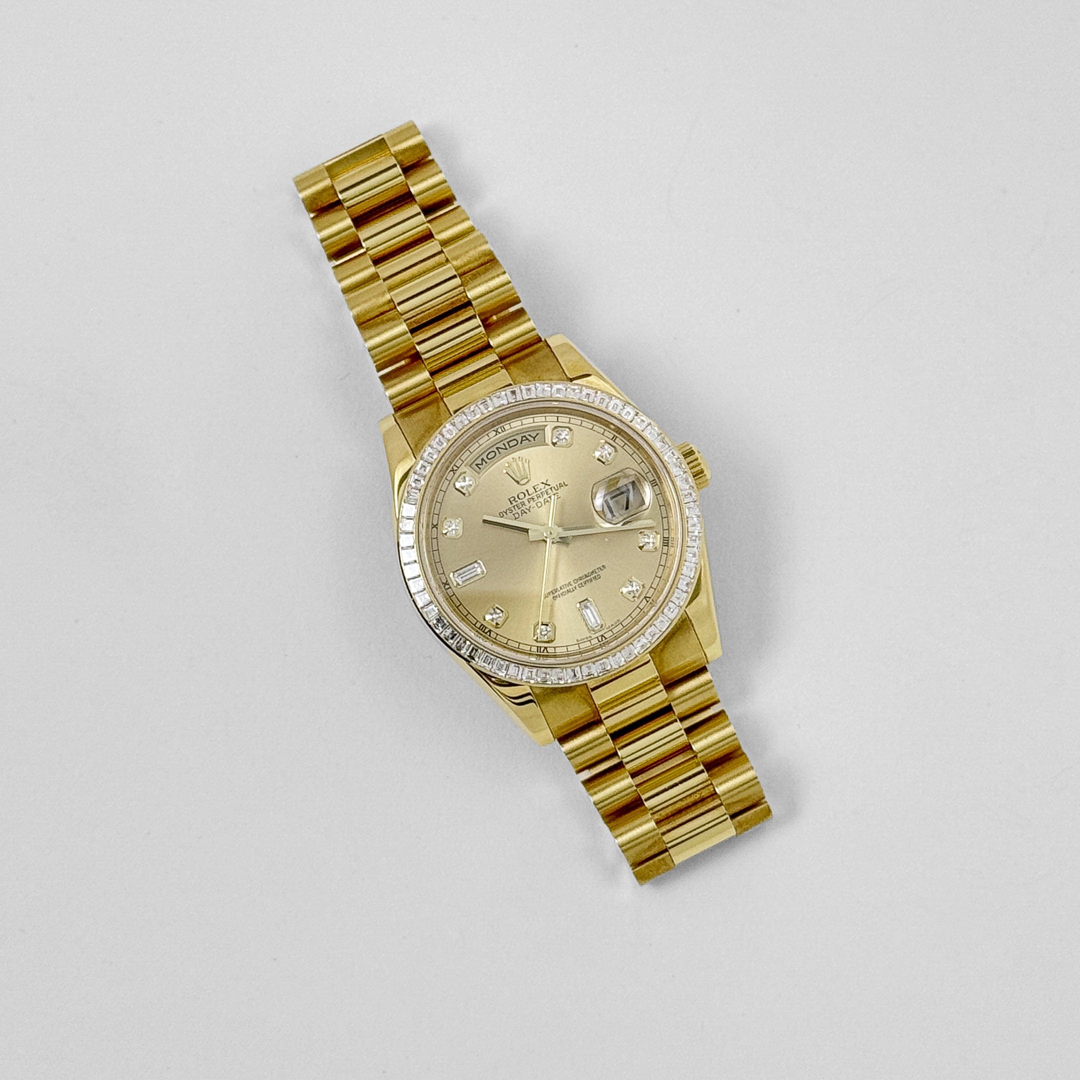 Rolex Day-Date 36 118398BR Yellow Gold Diamond Bezel Champagne Diamond Dial
