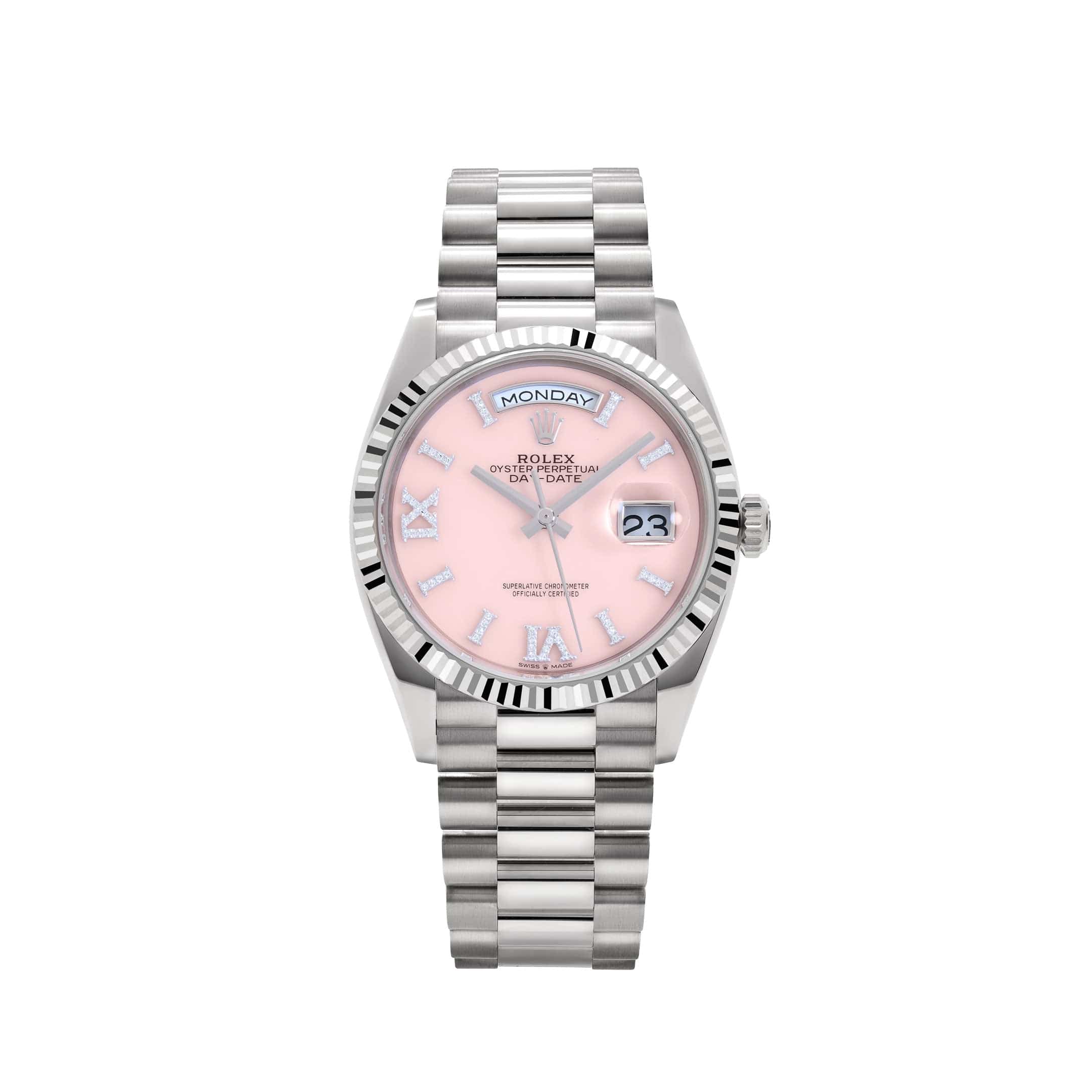 Rolex Day-Date 36 128239 White Gold Pink Opal Diamond Roman Numerals Dial (2025)
