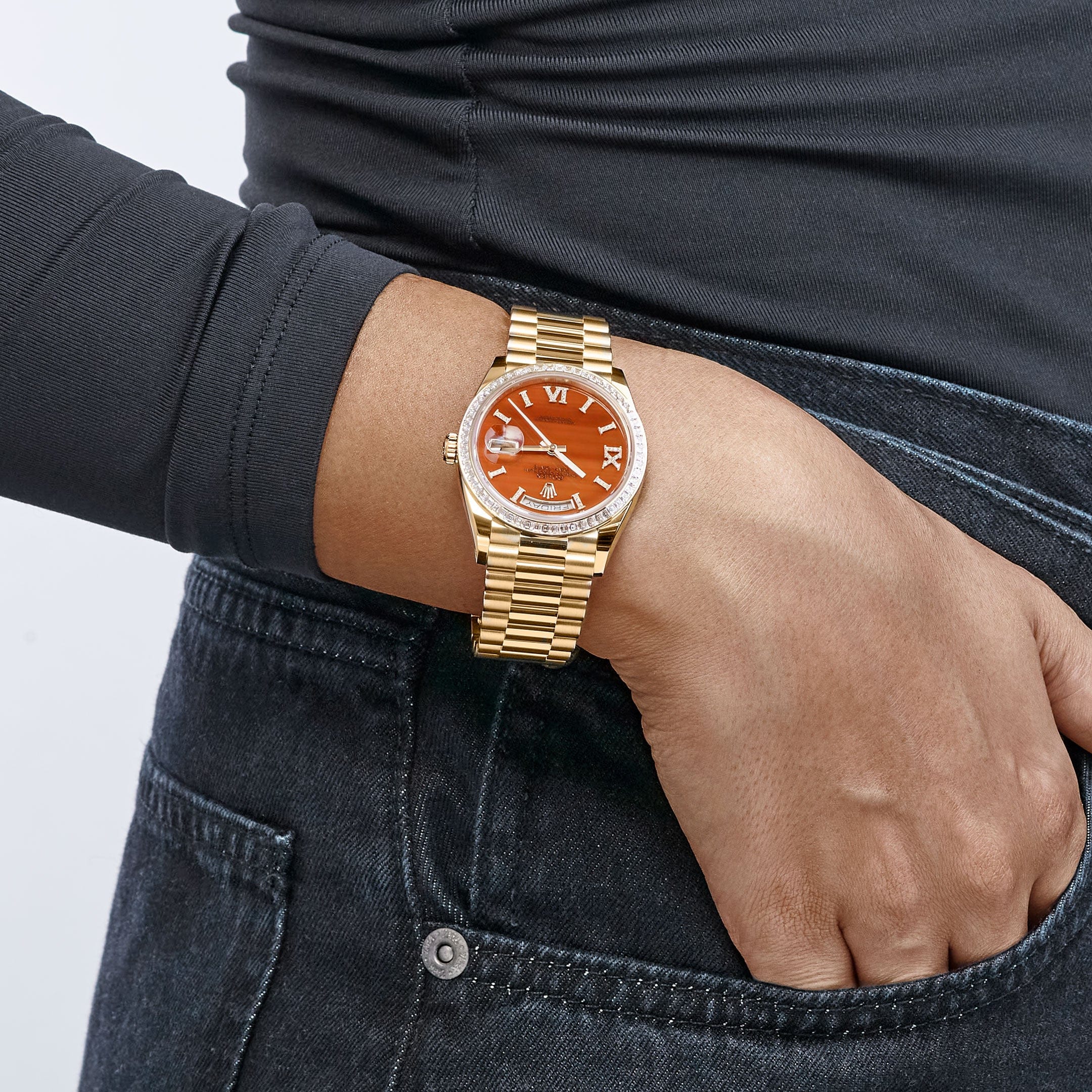Rolex Day-Date 36 128348RBR Yellow Gold Carnelian Diamond Roman Numerals Dial Diamond Bezel