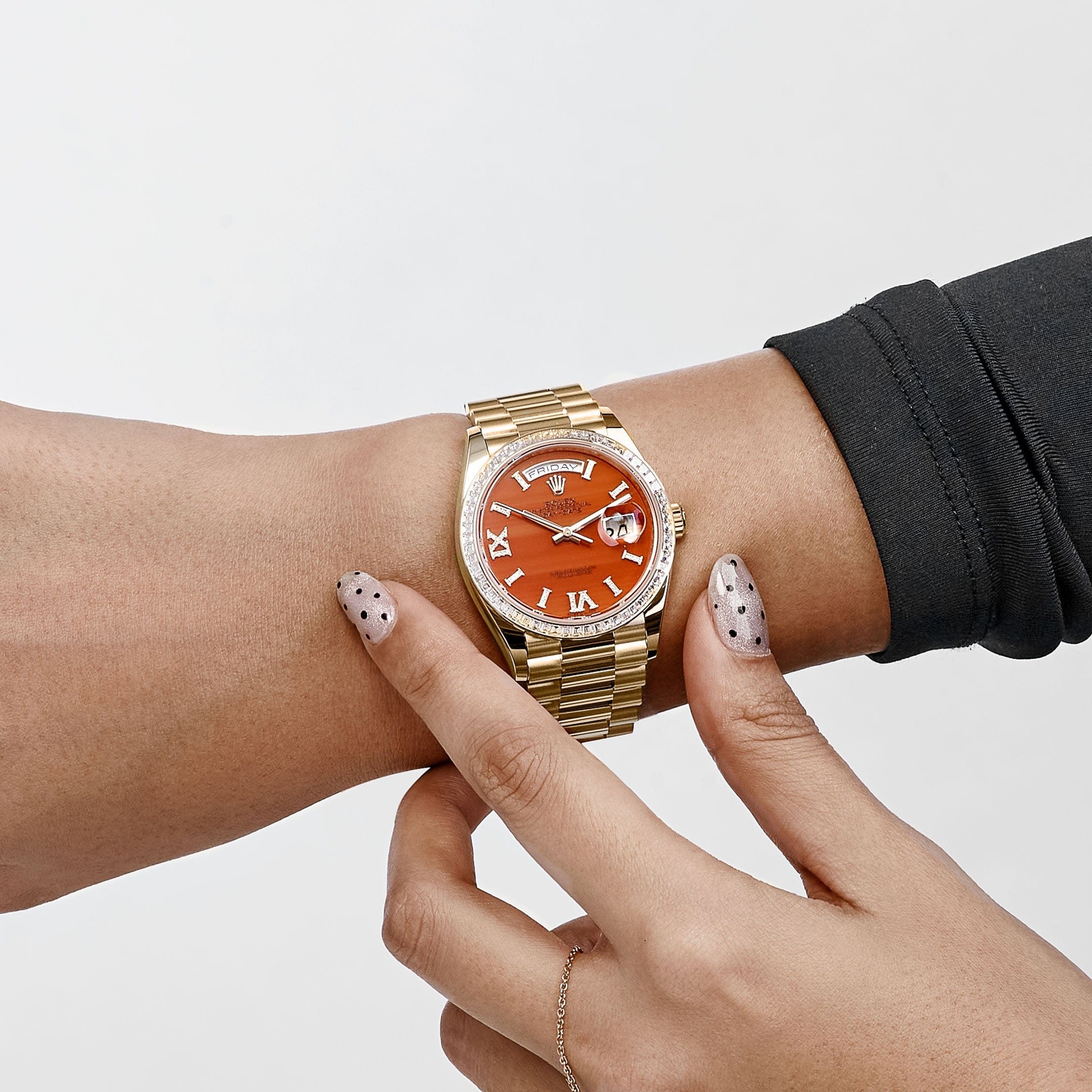 Rolex Day-Date 36 128348RBR Yellow Gold Carnelian Diamond Roman Numerals Dial Diamond Bezel