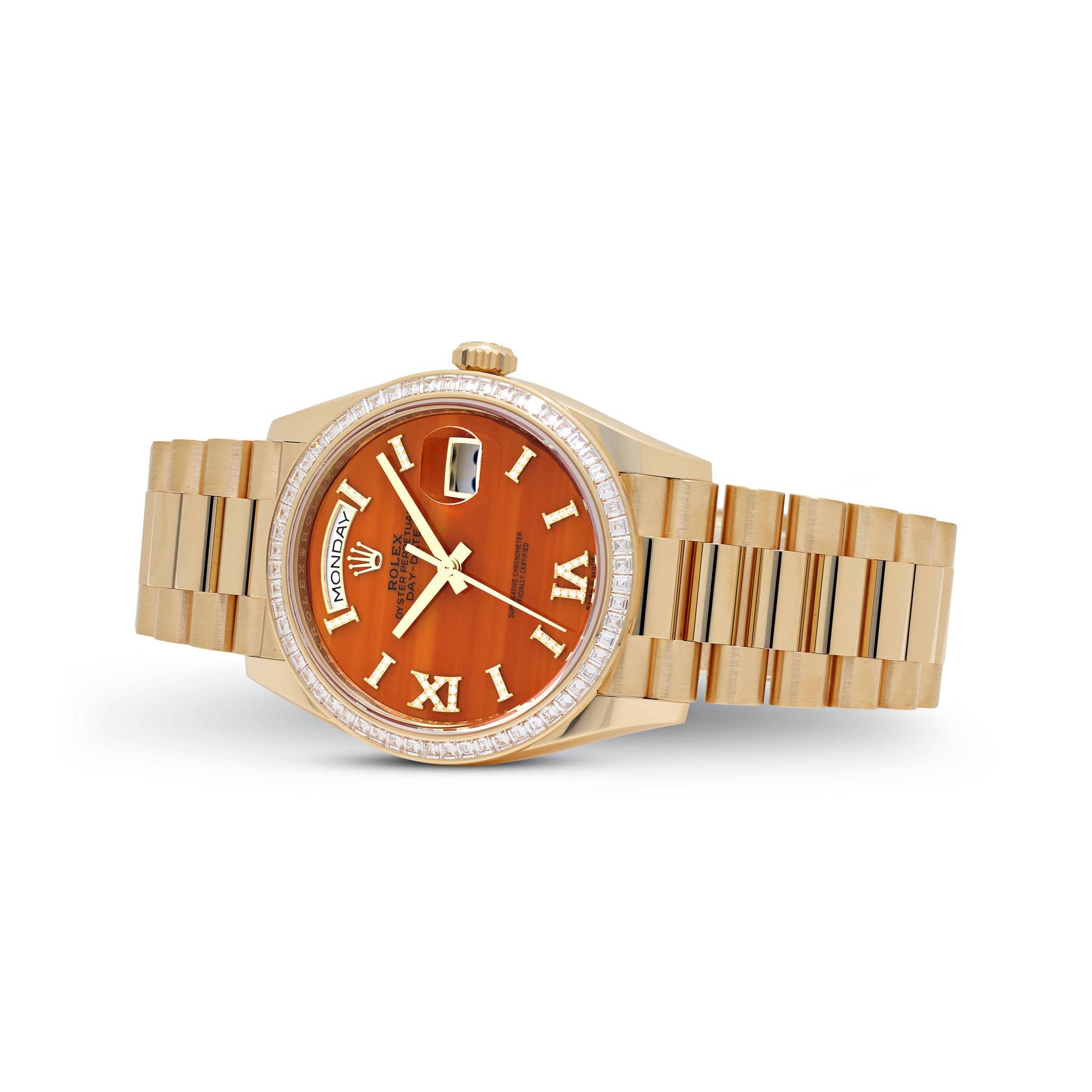 Rolex Day-Date 36 128348RBR Yellow Gold Carnelian Diamond Roman Numerals Dial Diamond Bezel