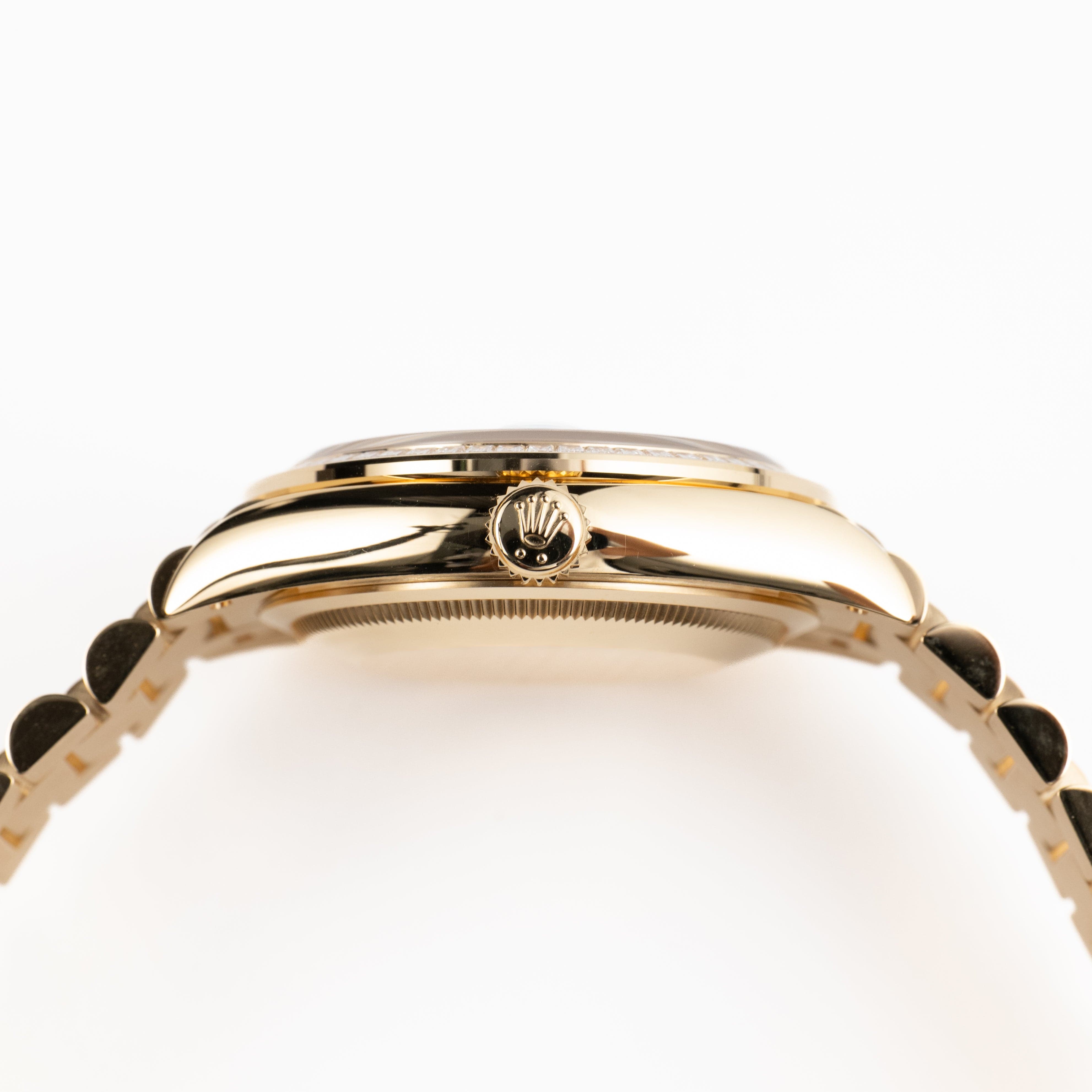 Rolex Day-Date 36 128398TBR Yellow Gold Turquoise Stone Diamond Roman Numerals Dial Diamond Bezel