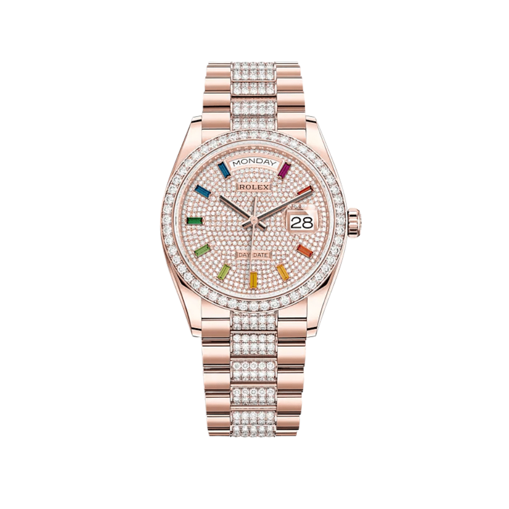 Luxury Watch Rolex Day-Date 36 Rose Gold Diamond Bezel Diamond Pave Dial and Bracelet 128345RBR Wrist Aficionado