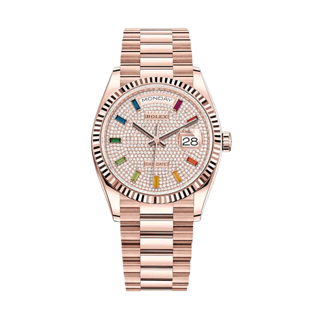 Luxury Watch Rolex Day-Date 36 Rose Gold Diamond Paved Dial 128235 Wrist Aficionado