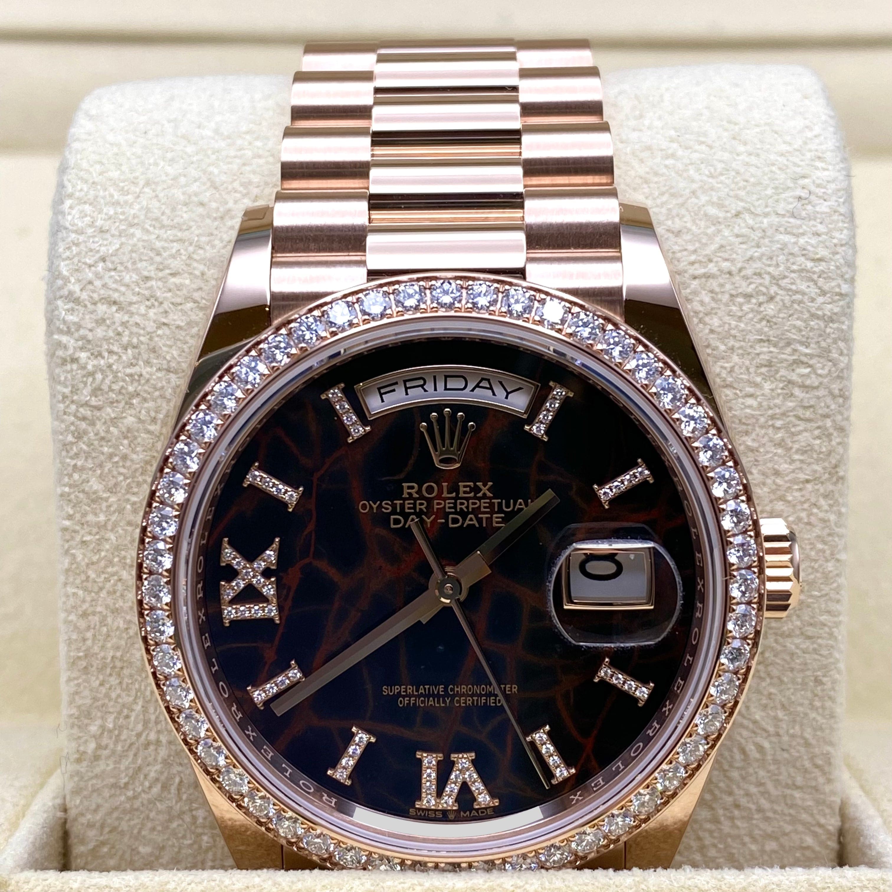 Luxury Watch Rolex Day-Date 36 Rose Gold Eisenkiesel Diamond Dial 128345RBR Wrist Aficionado