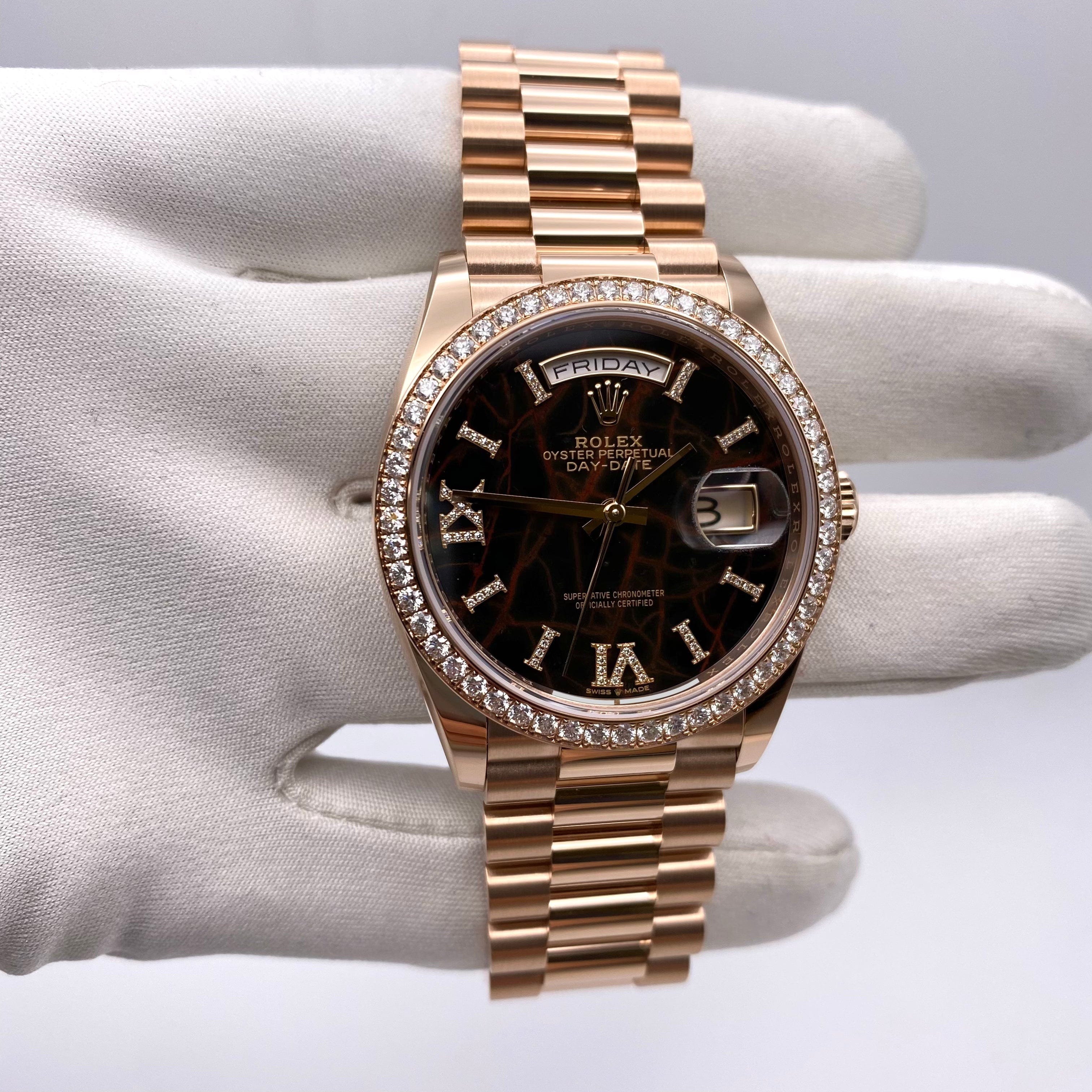 Luxury Watch Rolex Day-Date 36 Rose Gold Eisenkiesel Diamond Dial 128345RBR Wrist Aficionado