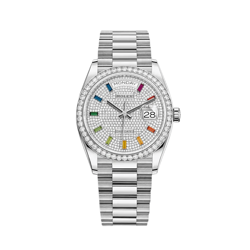 Luxury Watch Rolex Day-Date 36 White Gold Diamond Bezel Diamond-Paved Dial 128349RBR Wrist Aficionado