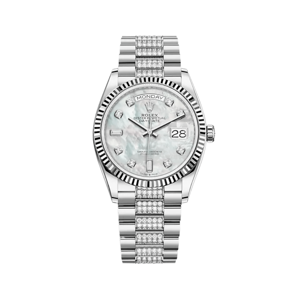 Luxury Watch Rolex Day-Date 36 White Gold MOP Diamond Dial 128239 Wrist Aficionado