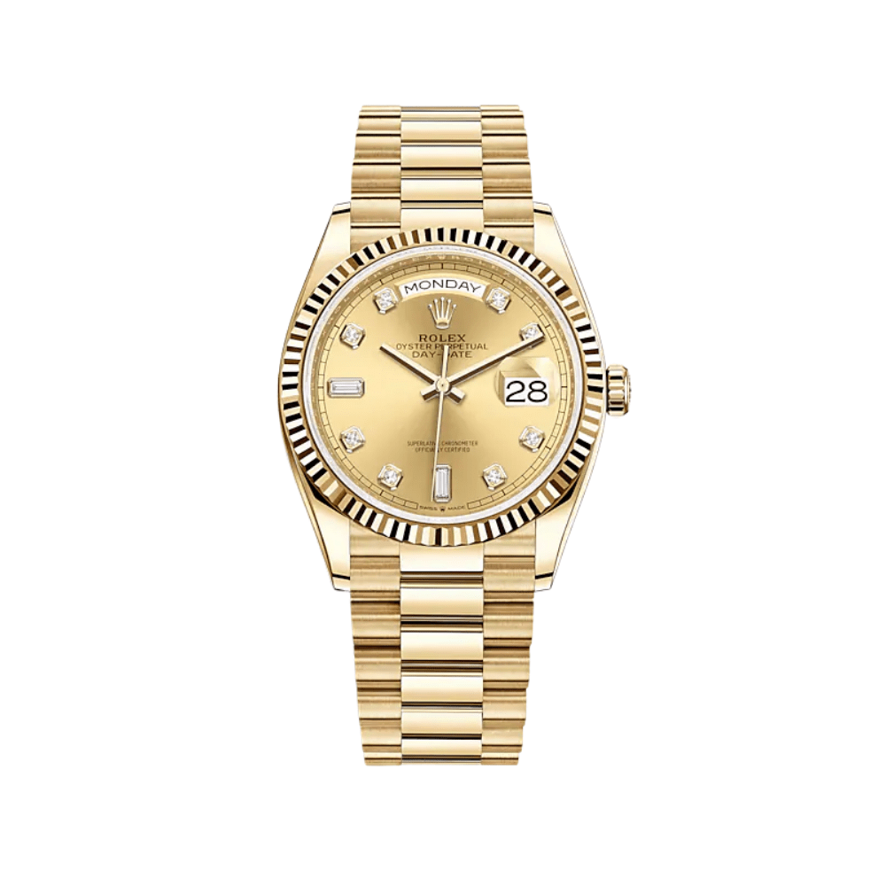Luxury Watch Rolex Day-Date 36 Yellow Gold Champagne Diamond Dial 128238 Wrist Aficionado