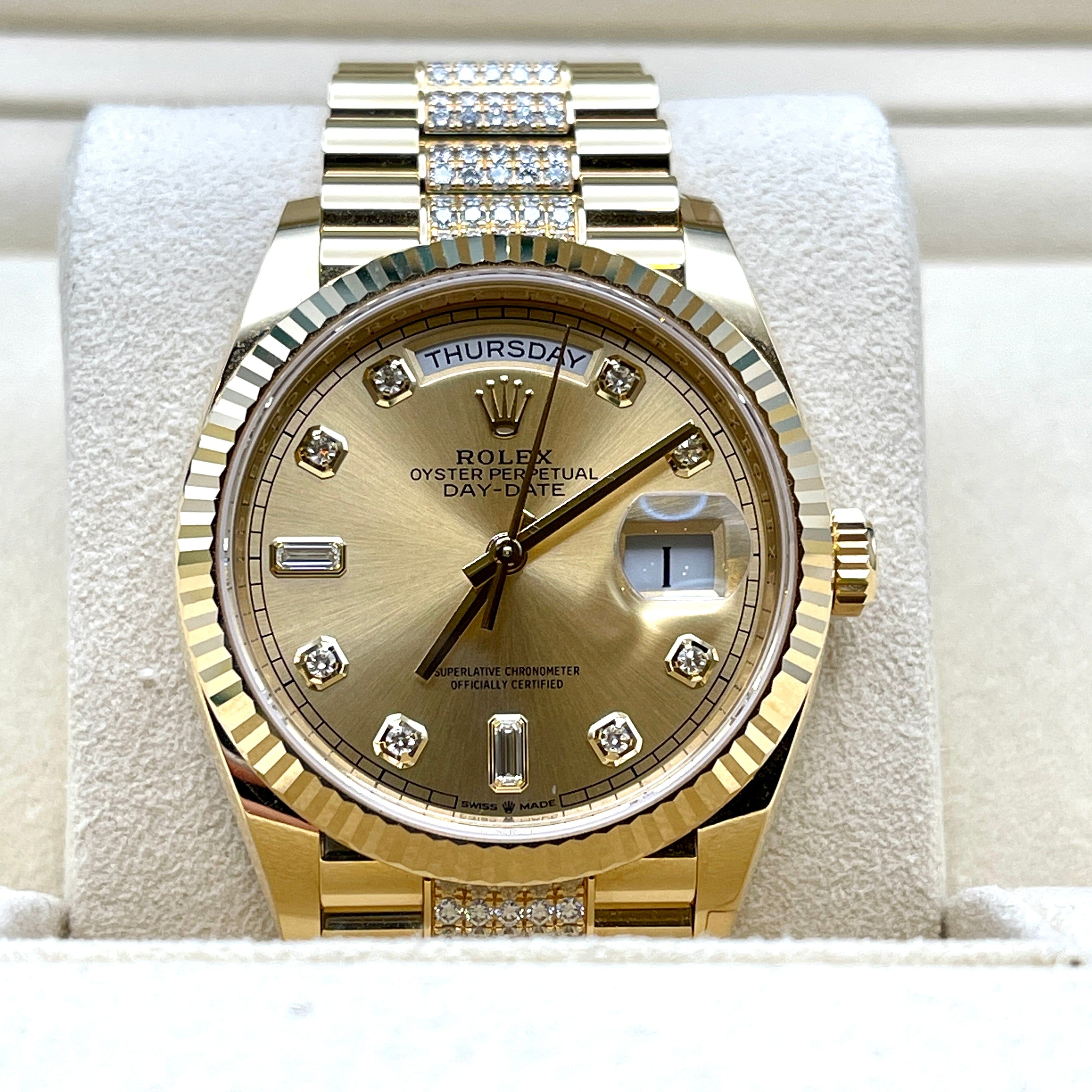 Luxury Watch Rolex Day-Date 36 Yellow Gold Champagne Diamond Dial 128238 Wrist Aficionado