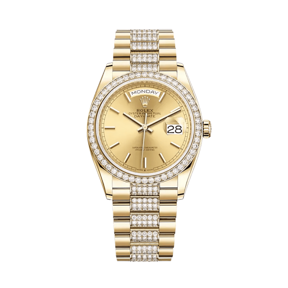 Luxury Watch Rolex Day-Date 36 Yellow Gold Diamond Bezel Champagne Dial 128348RBR Wrist Aficionado