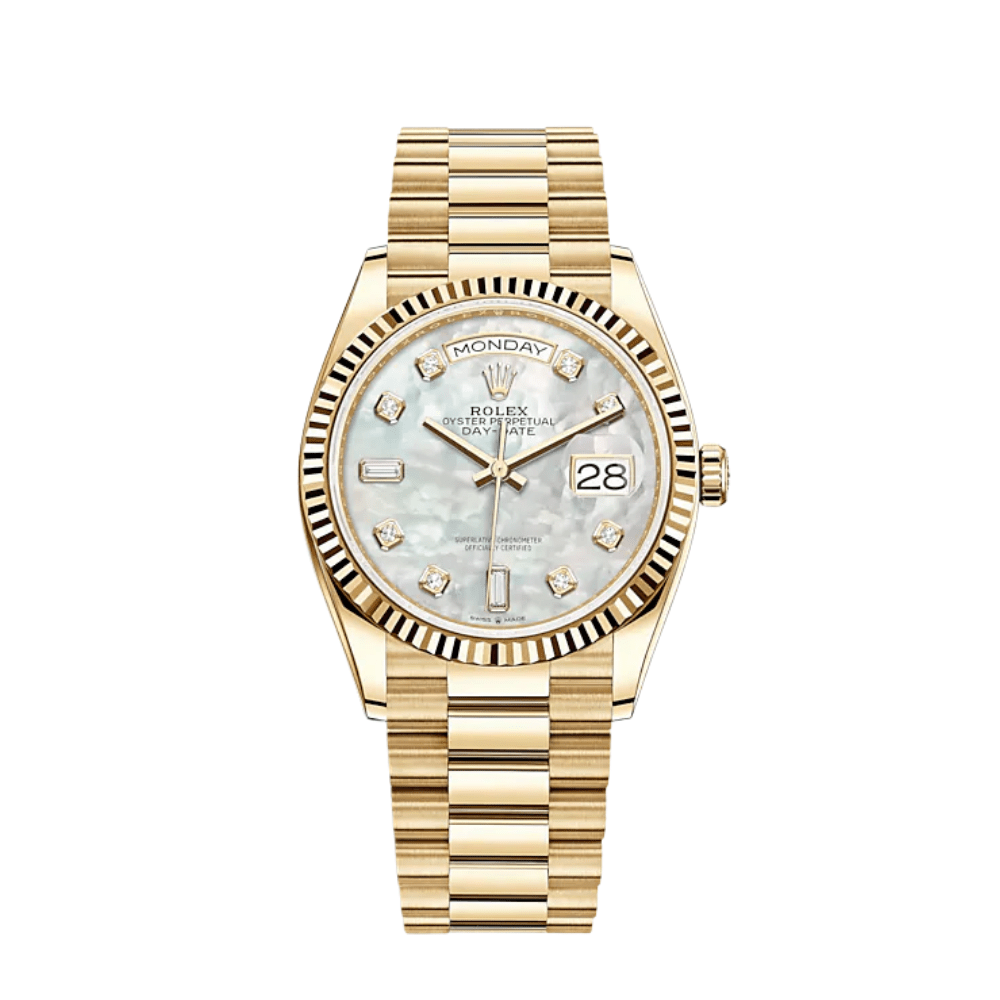 Luxury Watch Rolex Day-Date 36 Yellow Gold MOP Diamond Dial 128238 Wrist Aficionado