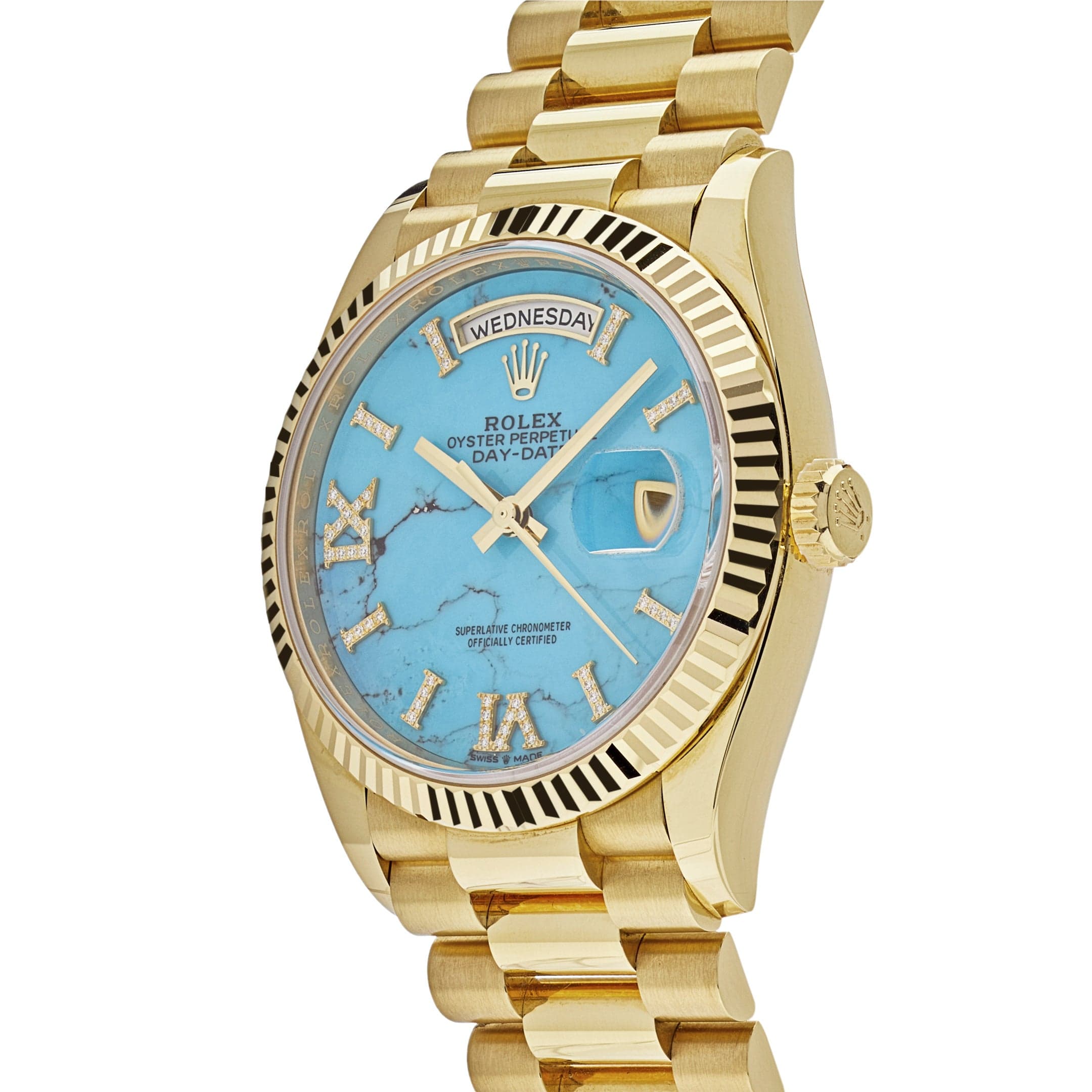 Luxury Watch Rolex Day-Date 36 Yellow Gold Turquoise Diamond Dial 128238 Wrist Aficionado