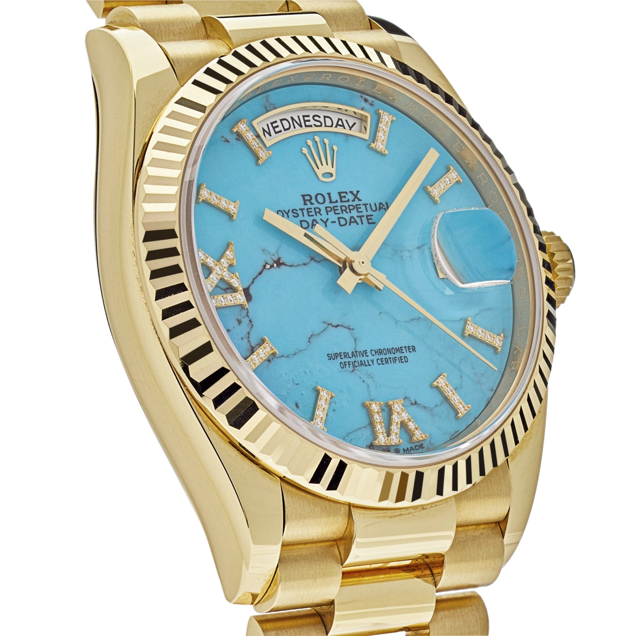 Luxury Watch Rolex Day-Date 36 Yellow Gold Turquoise Diamond Dial 128238 Wrist Aficionado