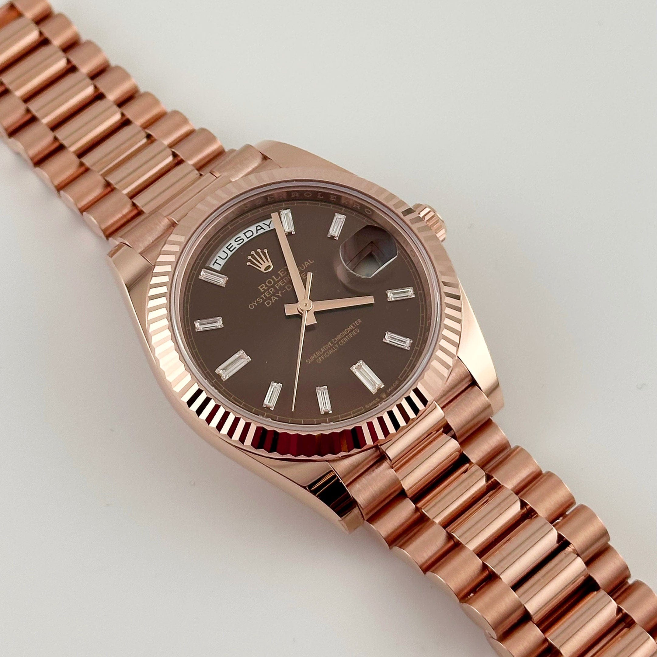 Rolex Day-Date 40 228235 Rose Gold Chocolate Baguette Diamond Dial (2025)