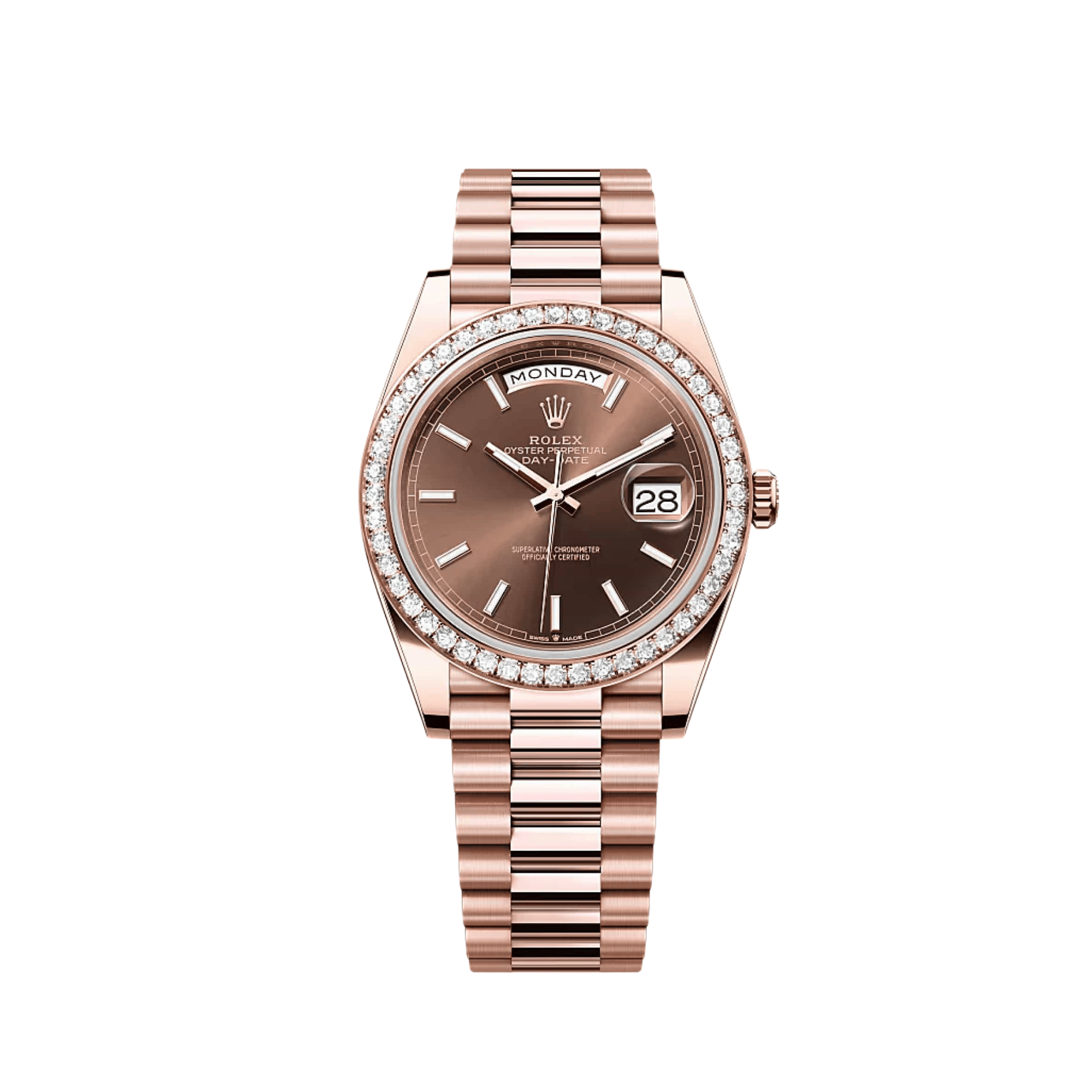 Rolex Day-Date 40 228345RBR Rose Gold Chocolate Dial Diamond Bezel