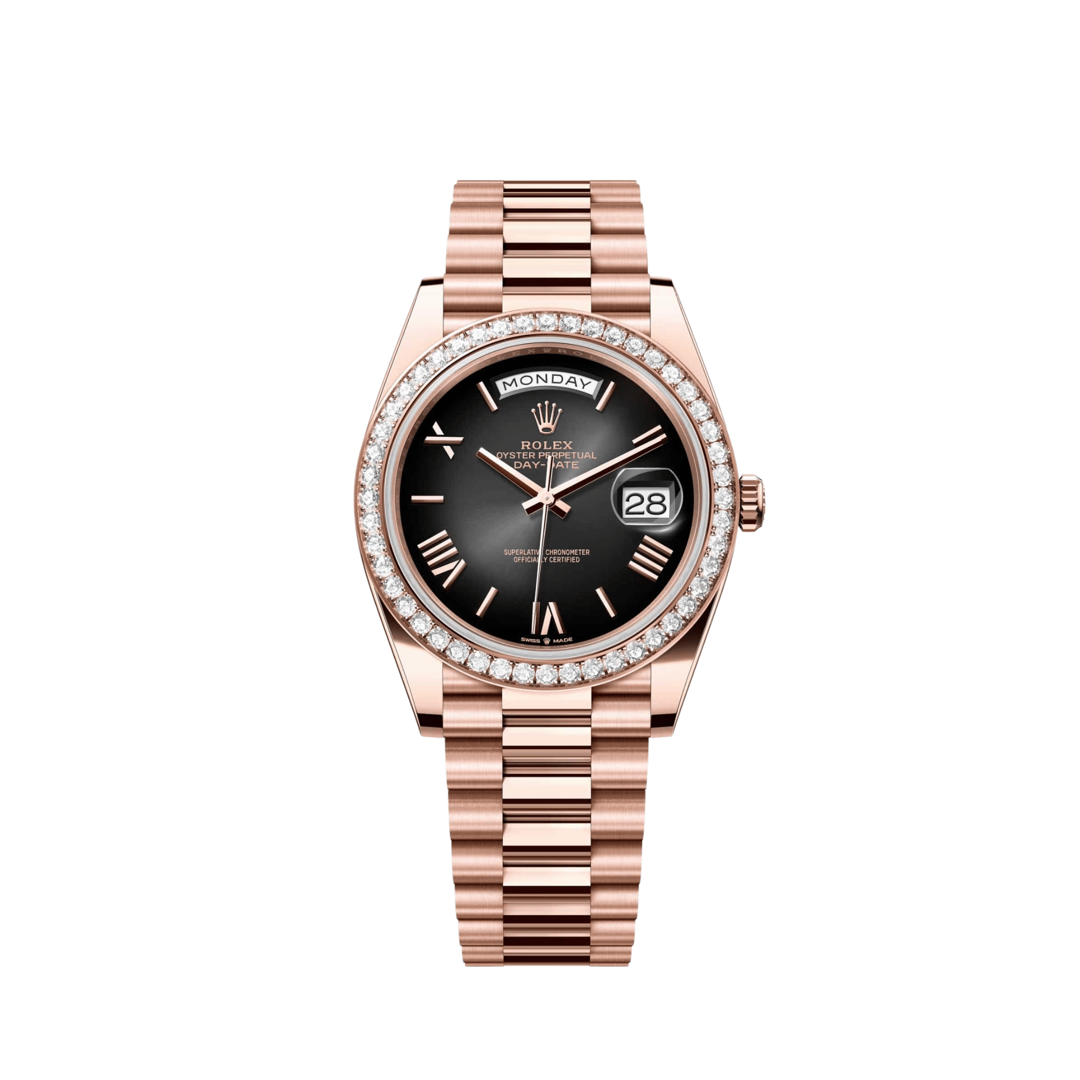 Rolex Day-Date 40 228345RBR Rose Gold Slate Ombre Roman Numerals Dial Diamond Bezel