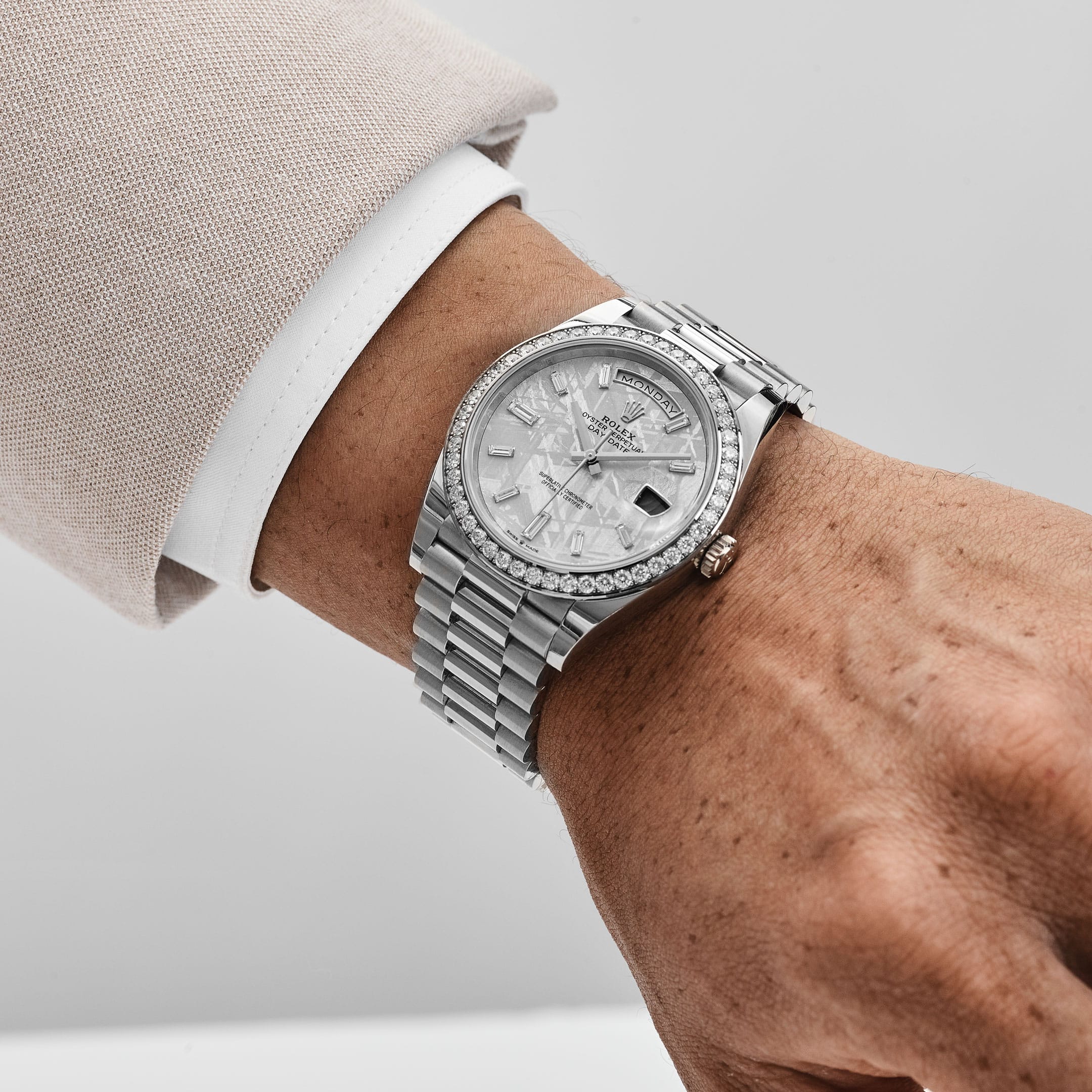 Rolex Day-Date 40 228349RBR White Gold Meteorite Dial Diamond Set (2022)