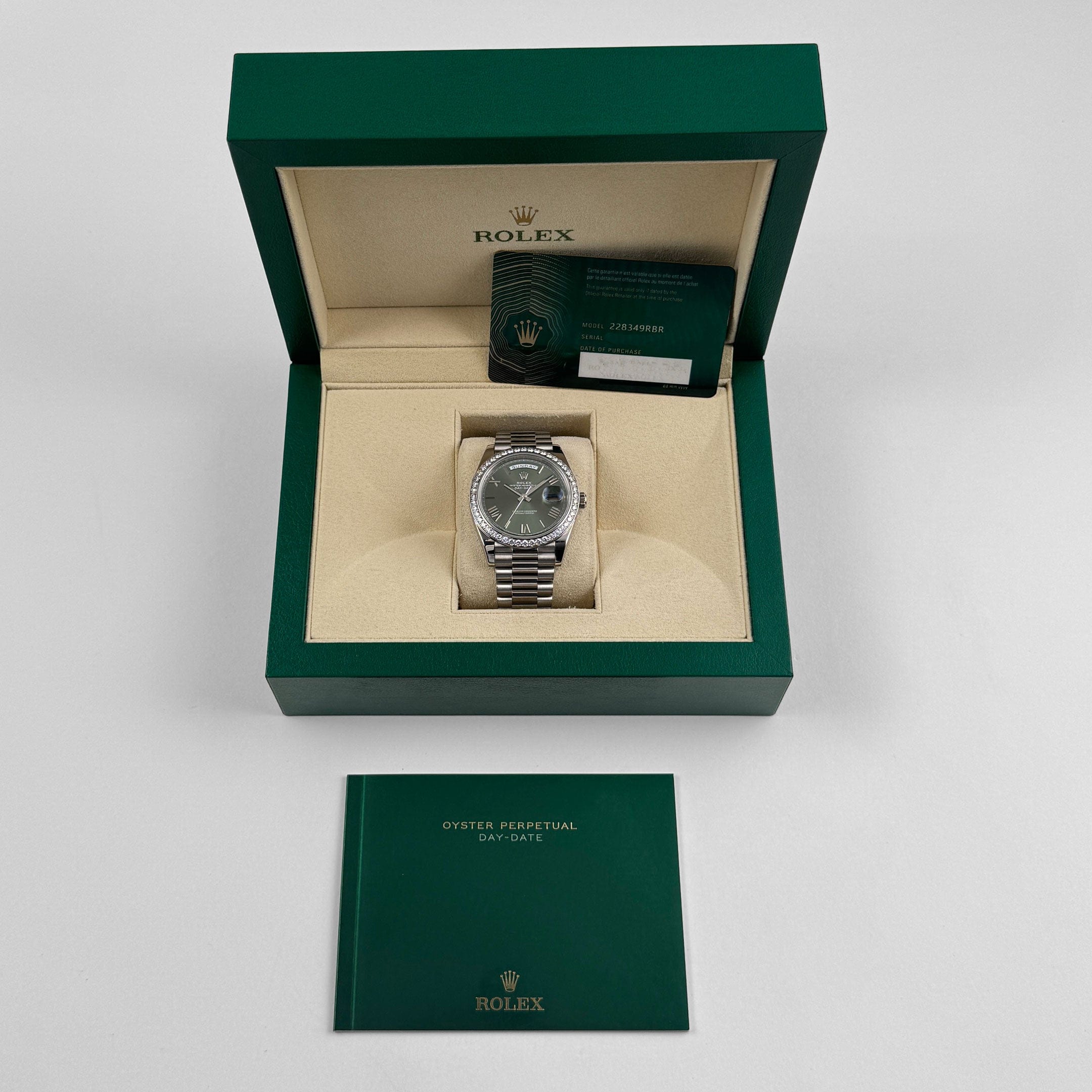 Rolex Day-Date 40 228349RBR White Gold Olive Green Dial Diamond Bezel (2021)
