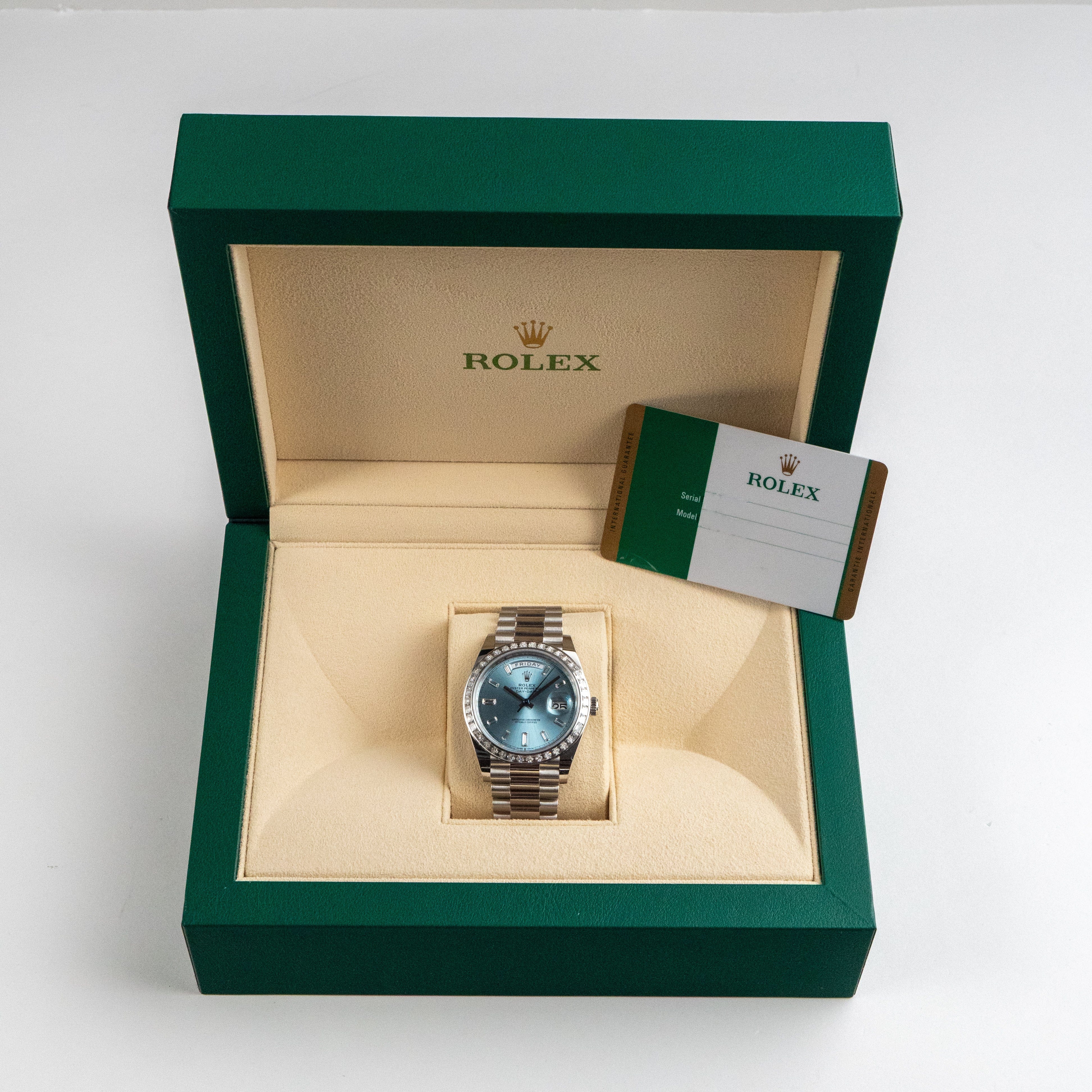 Rolex Day-Date 40 228396TBR Platinum Diamond Bezel Ice Blue Diamond Dial (2017)