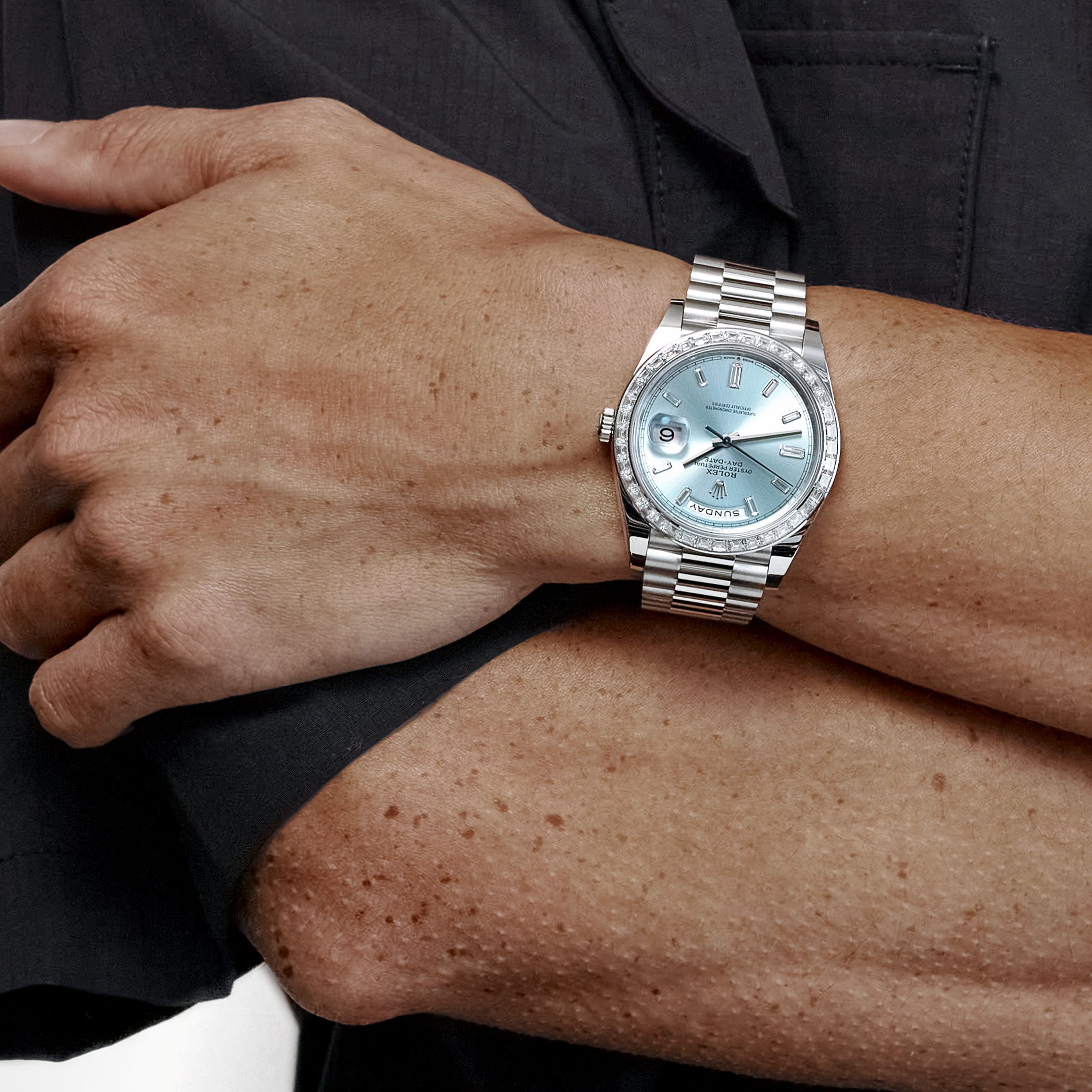 Rolex Day-Date 40 228396TBR Platinum Diamond Bezel Ice Blue Diamond Dial (2023)