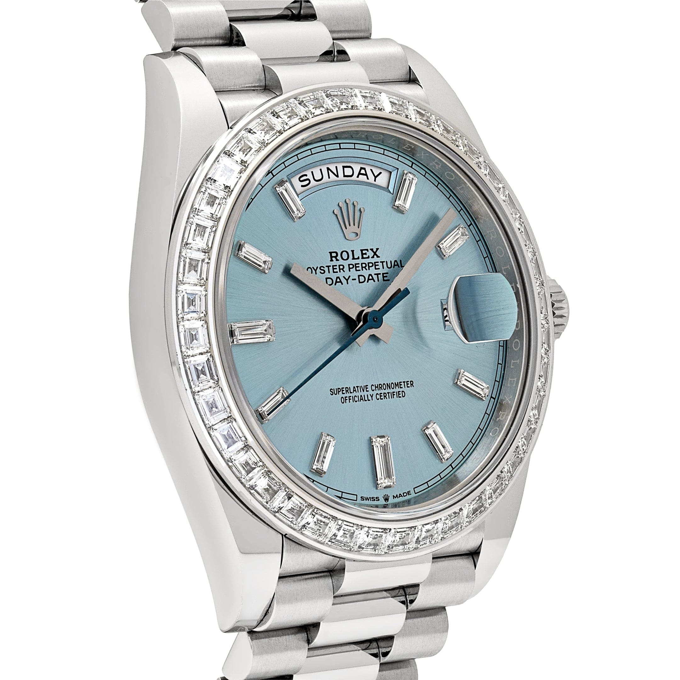 Rolex Day-Date 40 228396TBR Platinum Diamond Bezel Ice Blue Diamond Dial
