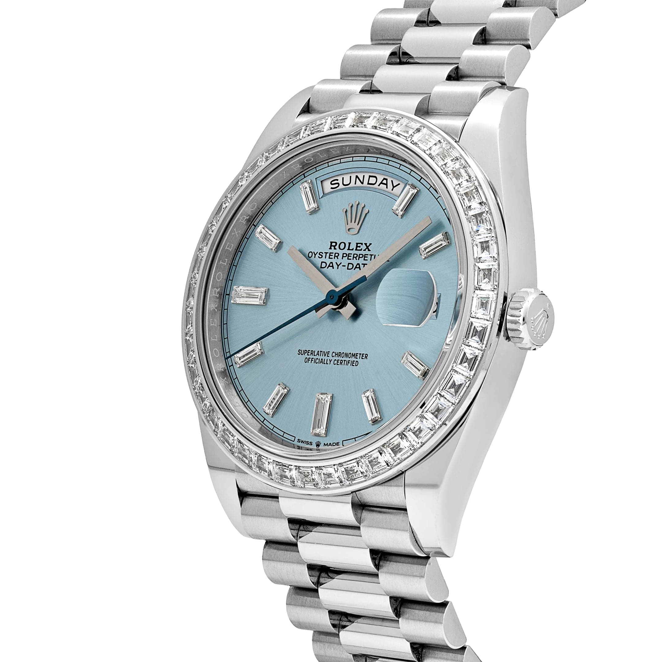 Rolex Day-Date 40 228396TBR Platinum Diamond Bezel Ice Blue Diamond Dial
