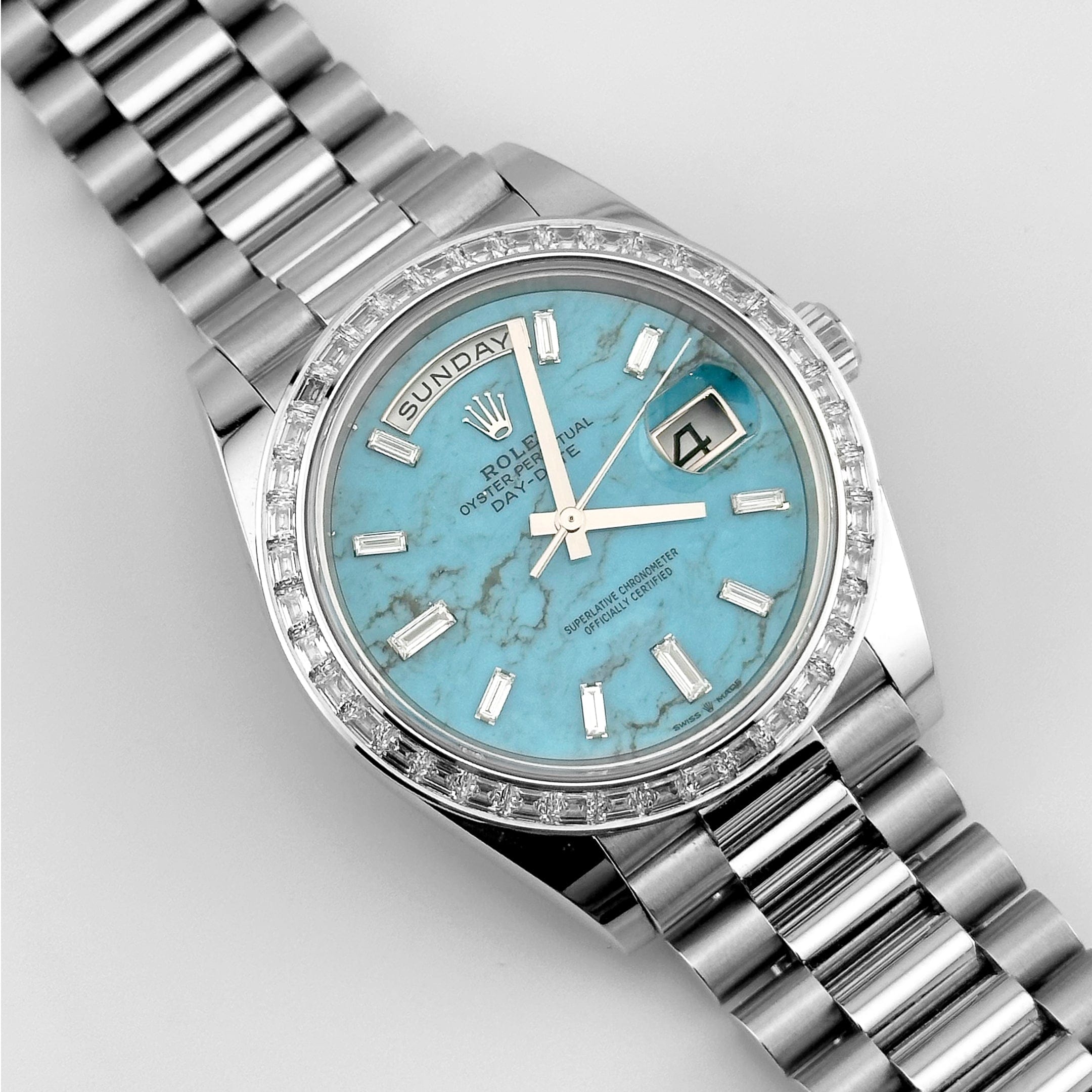 Rolex Day-Date 40 228396TBR Platinum Turquoise Stone Diamond Baguette Dial and Bezel (2025)