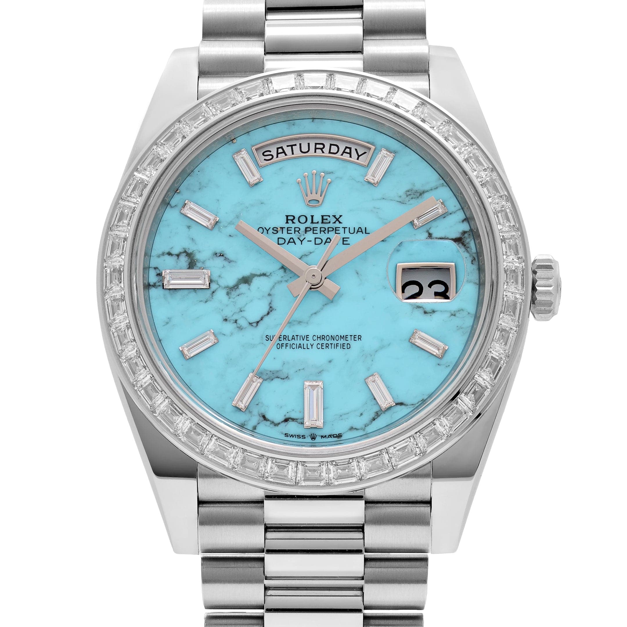 Rolex Day-Date 40 228396TBR Platinum Turquoise Stone Diamond Dial Diamond Bezel