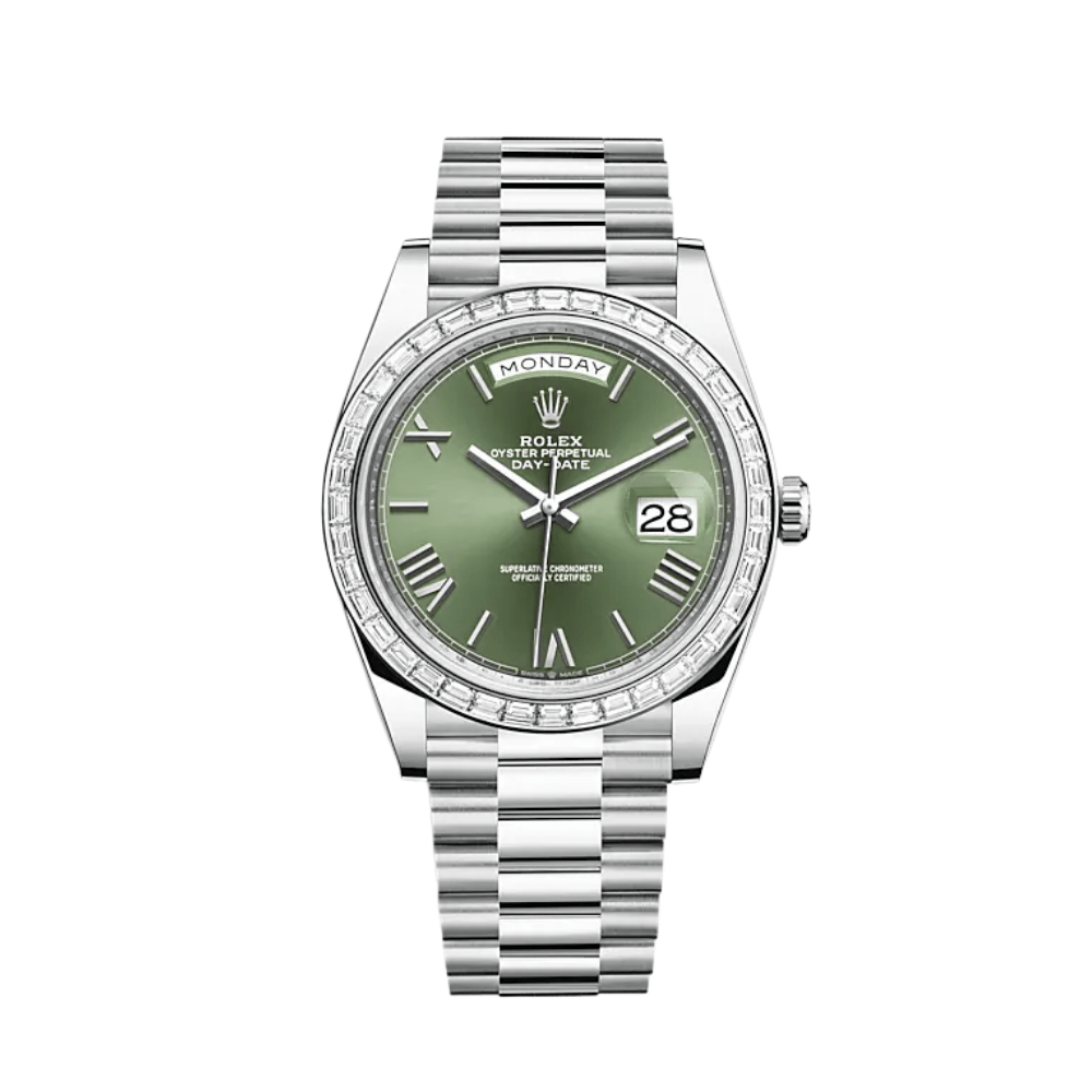 Luxury Watch Rolex Day-Date 40 Platinum Olive Green Dial Diamond Bezel 228396TBR Wrist Aficionado