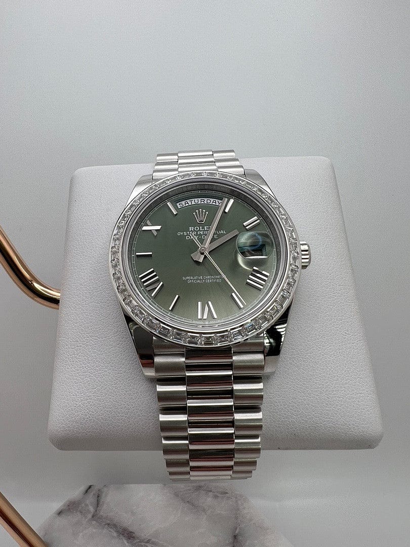 Luxury Watch Rolex Day-Date 40 Platinum Olive Green Dial Diamond Bezel 228396TBR Wrist Aficionado