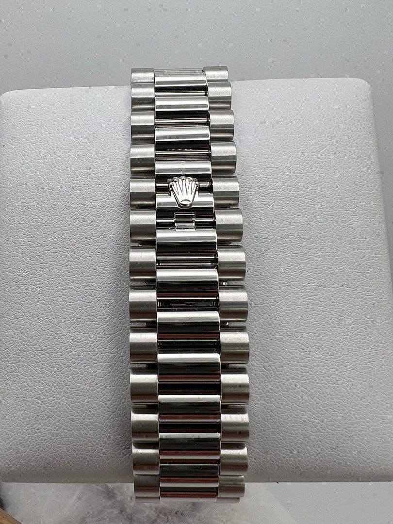 Luxury Watch Rolex Day-Date 40 Platinum Olive Green Dial Diamond Bezel 228396TBR Wrist Aficionado