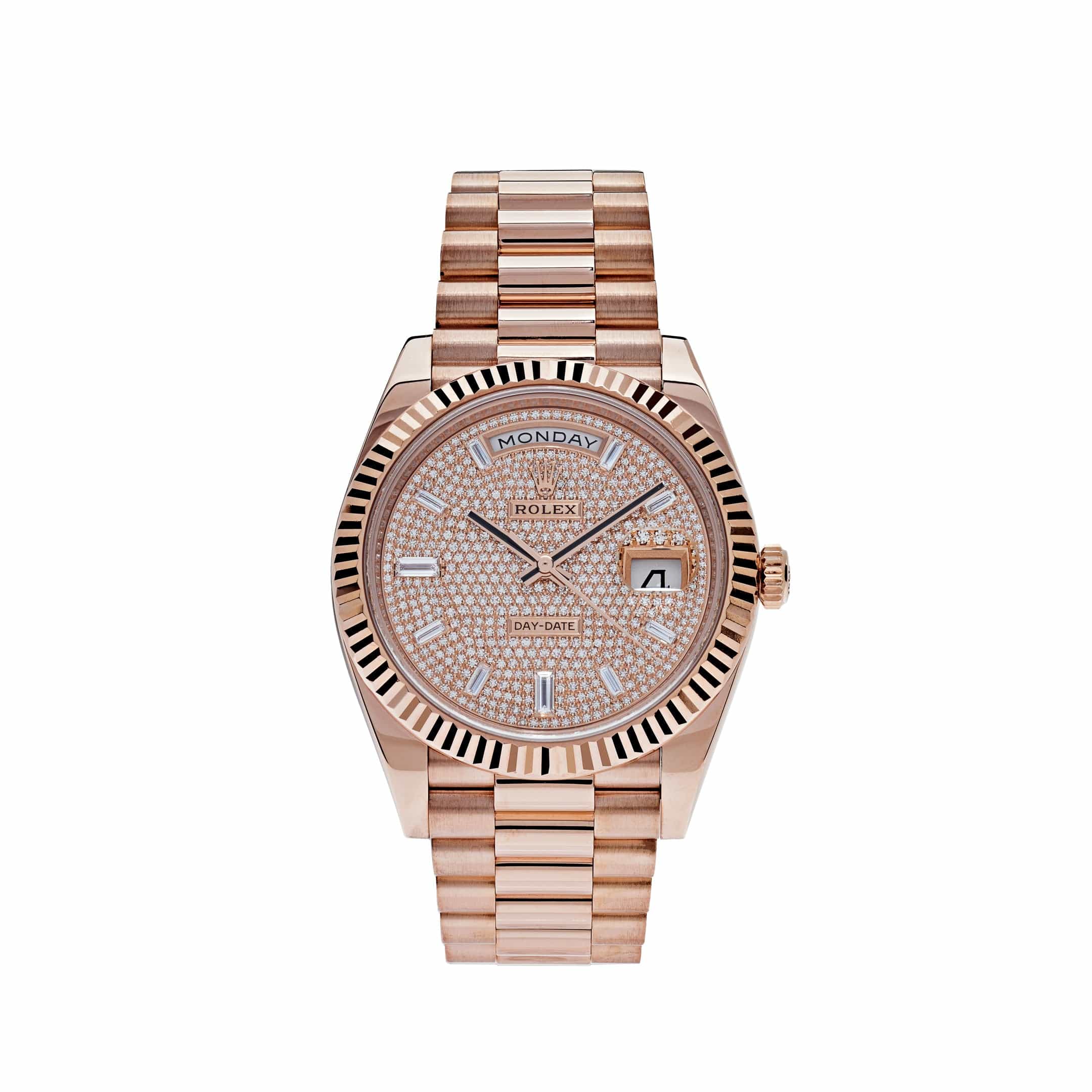Luxury Watch Rolex Day-Date 40 Rose Gold Baguette Diamond Paved Dial 228235 Wrist Aficionado
