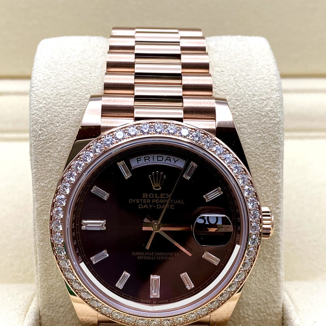 Luxury Watch Rolex Day-Date 40 Rose Gold Diamond Bezel Chocolate Dial 228345RBR Wrist Aficionado