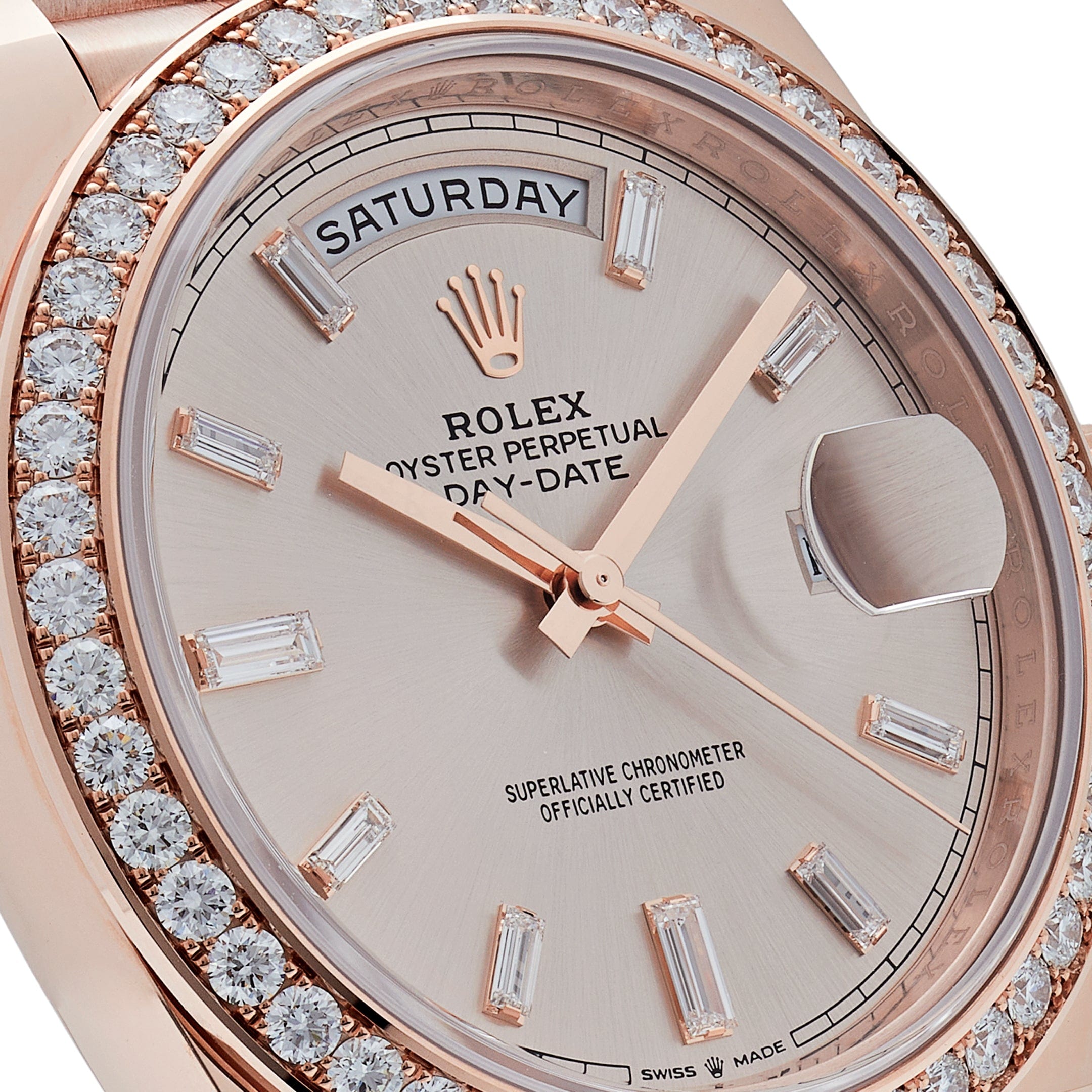 Luxury Watch Rolex Day-Date 40 Rose Gold Diamond Bezel Sundust Diamond Dial 228345RBR Wrist Aficionado