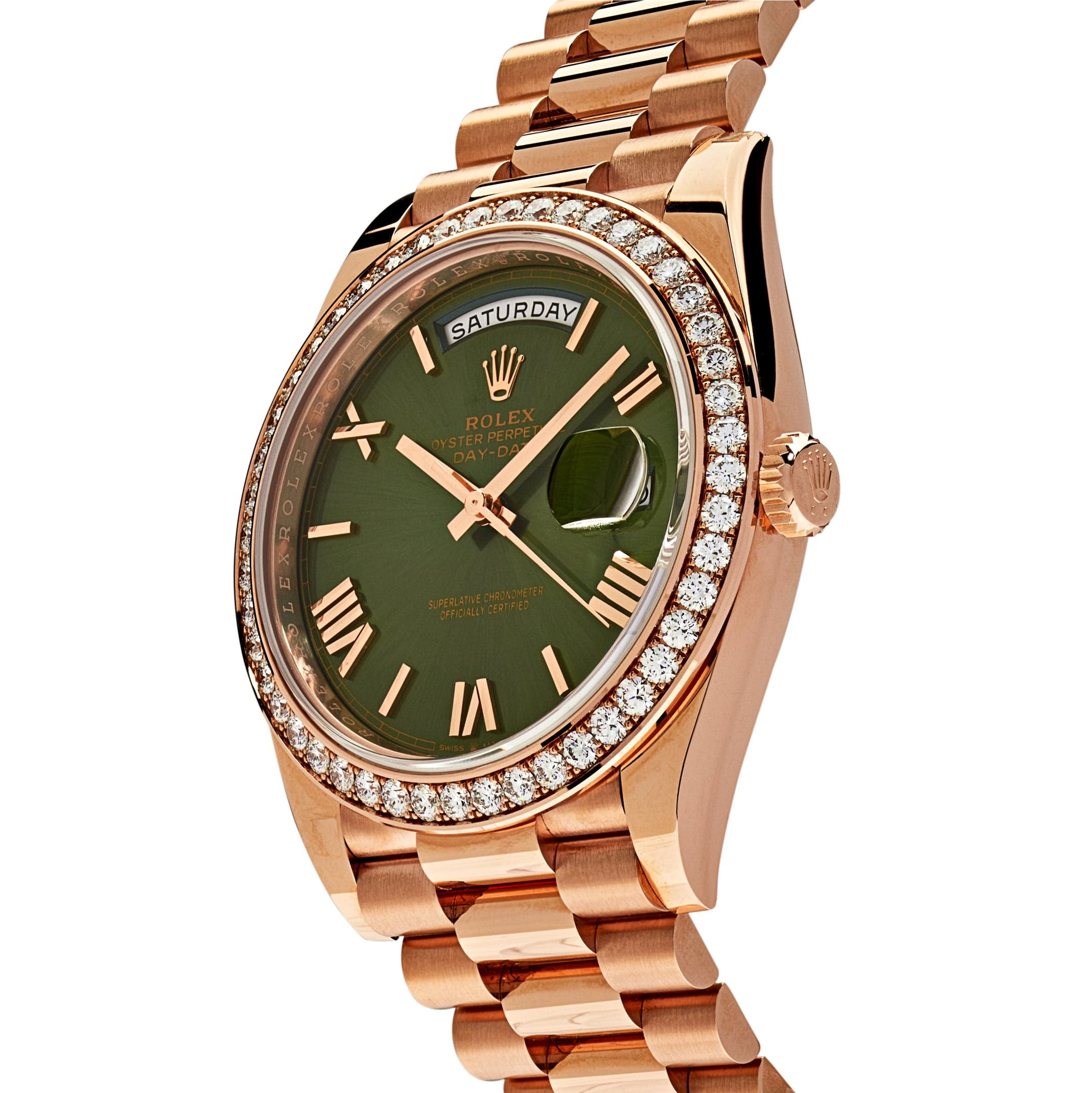 Luxury Watch Rolex Day-Date 40 Rose Gold Olive Green Dial Diamond Bezel 228345RBR Wrist Aficionado