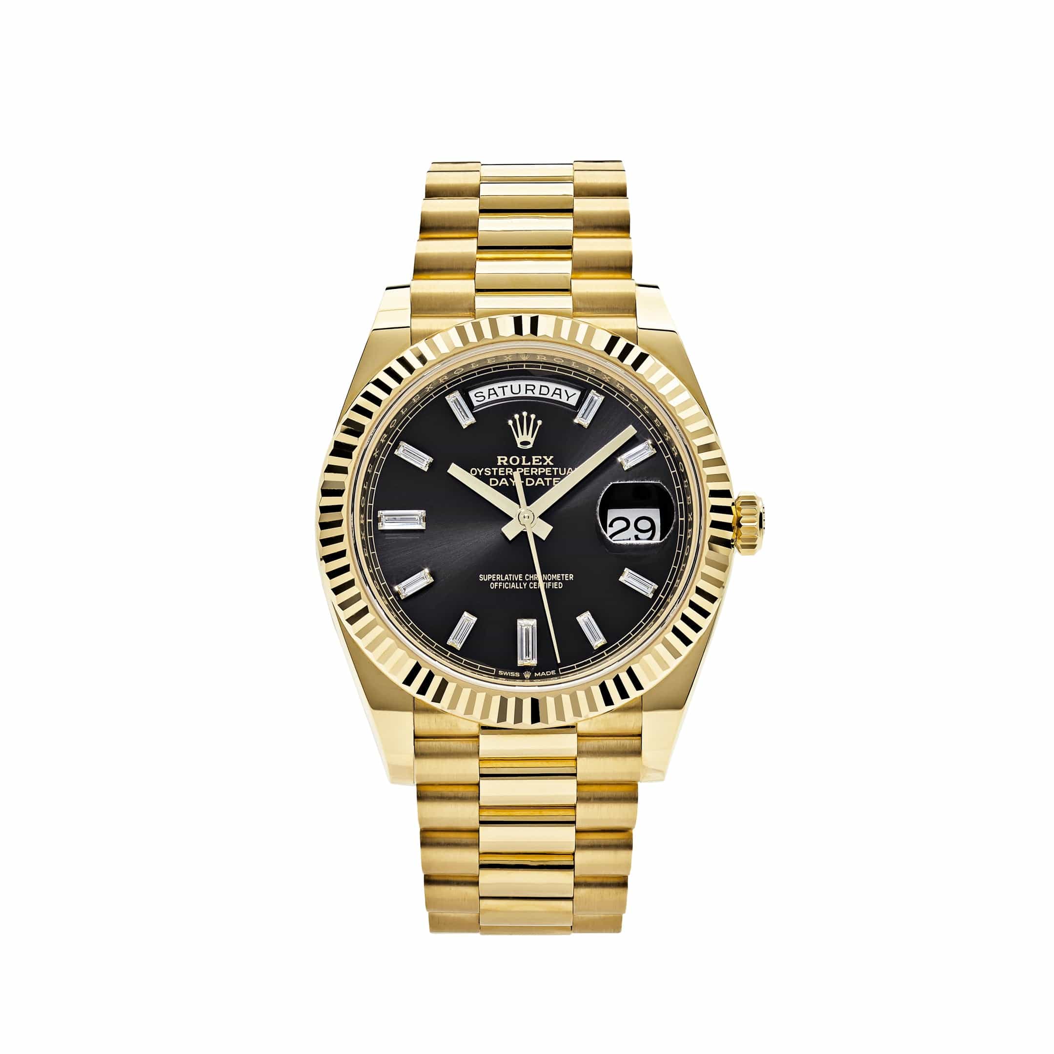Luxury Watch Rolex Day-Date 40 Yellow Gold Black Diamond Dial 228238 Wrist Aficionado
