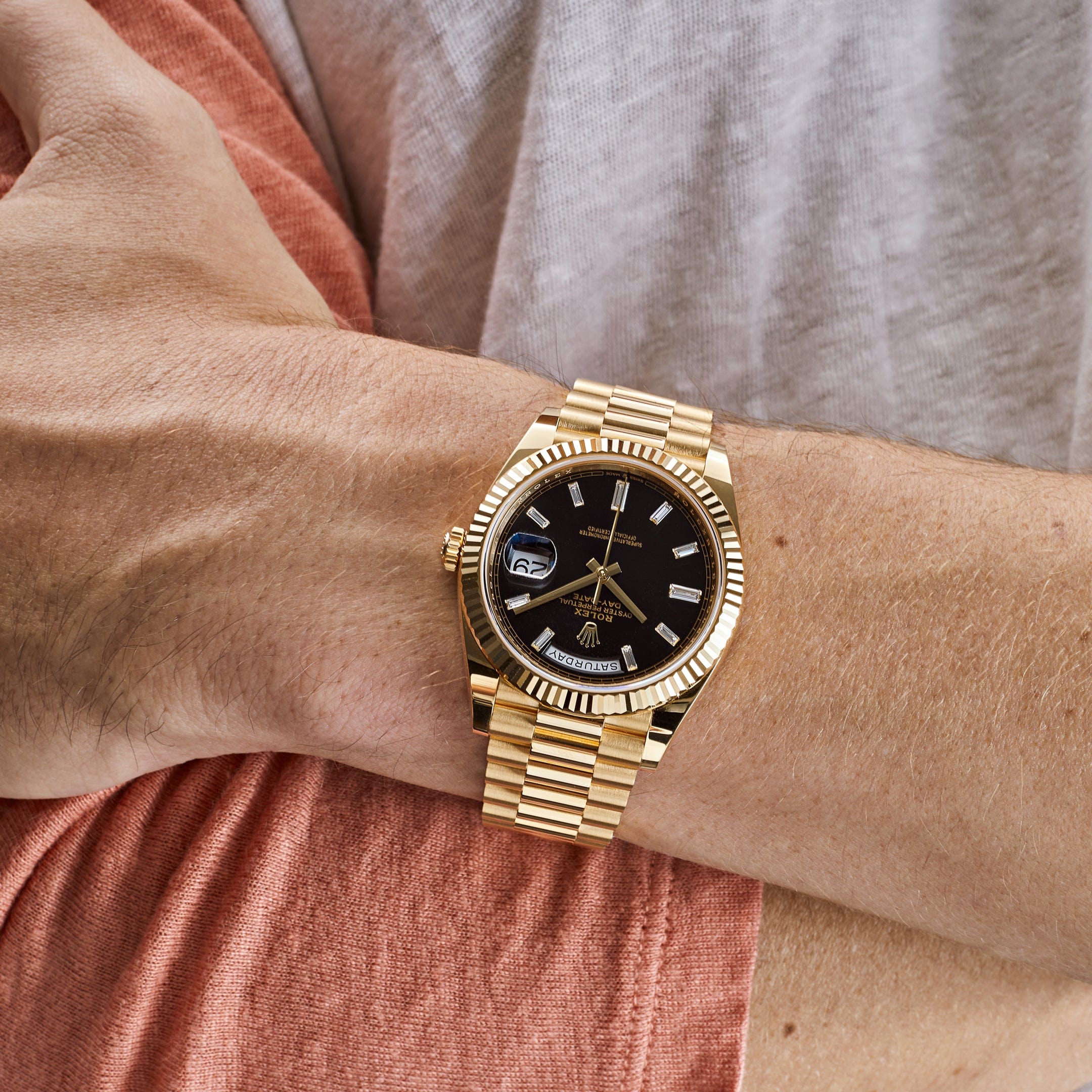 Luxury Watch Rolex Day-Date 40 Yellow Gold Black Diamond Dial 228238 Wrist Aficionado