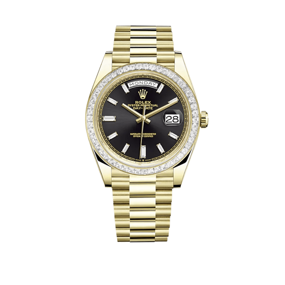 Luxury Watch Rolex Day-Date 40 Yellow Gold Diamond-Paved Bezel Black Diamond Dial 228398TBR Wrist Aficionado