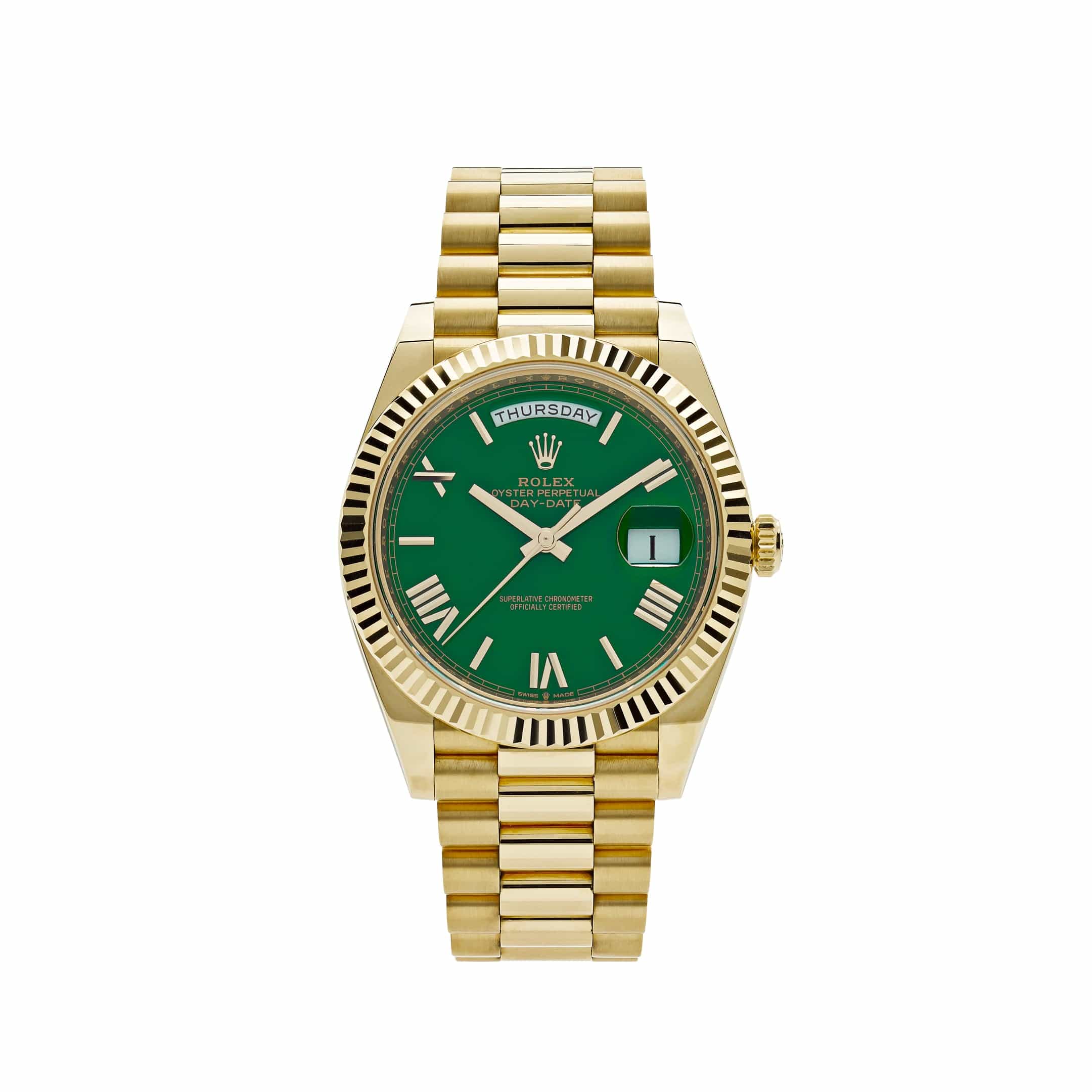 Luxury Watch Rolex Day-Date 40 Yellow Gold Green Dial 228238 Wrist Aficionado
